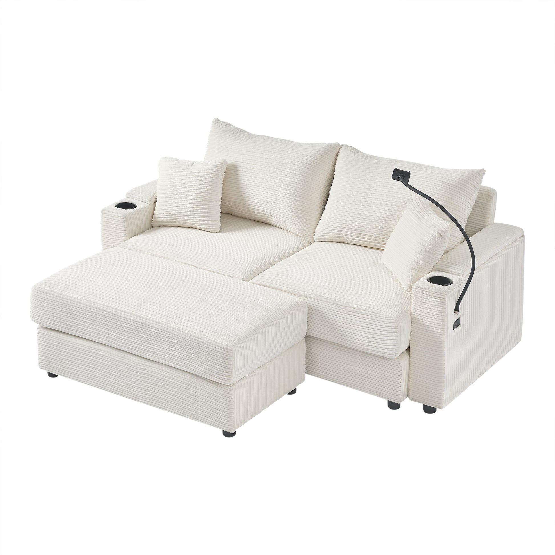 72.8" Modern Style Loveseat Sofa Sectional Sofa Couch With Storage Space, A Movable Ottoman, Two Usb Ports, Two Cup Holders, A Phone Holder For Living Room, Beige Beige Foam Corduroy 3 Seat