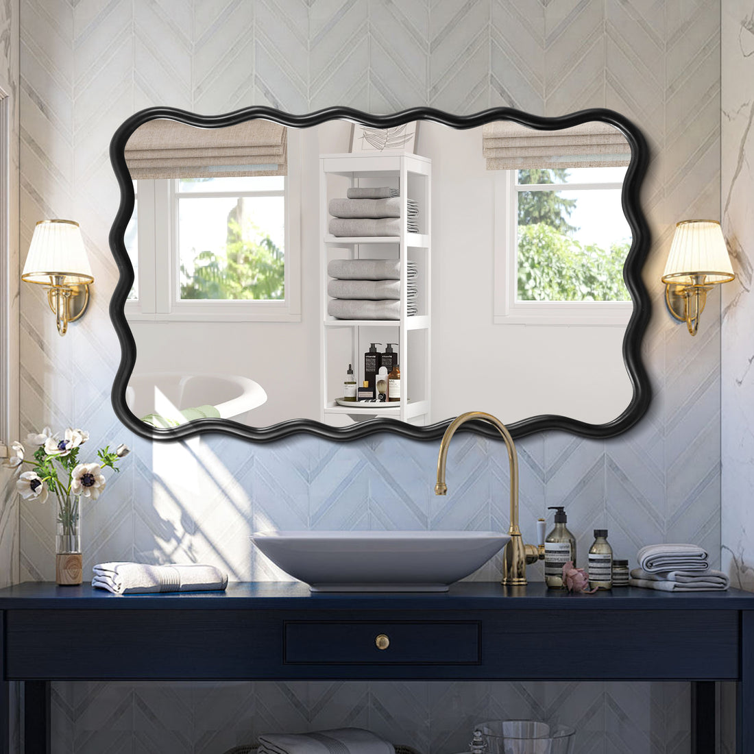 Solid Wood Wavy Rectangle Mirror Black 40" X 28" Modern Mirror Wall Decor For Bathroom, Bedroom, Living Room, Dining Room, Cloakroom, Entryway Rectangle Antique Black Living Room Large 33In 40In Glass Solid Wood