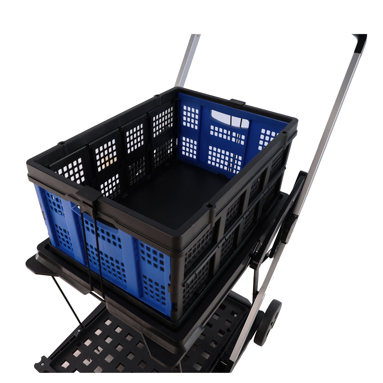 Folding Service Cart With Wheels Double Decker, Shopping, Library, Office Warehouse Moving Carts Black Blue Plastic
