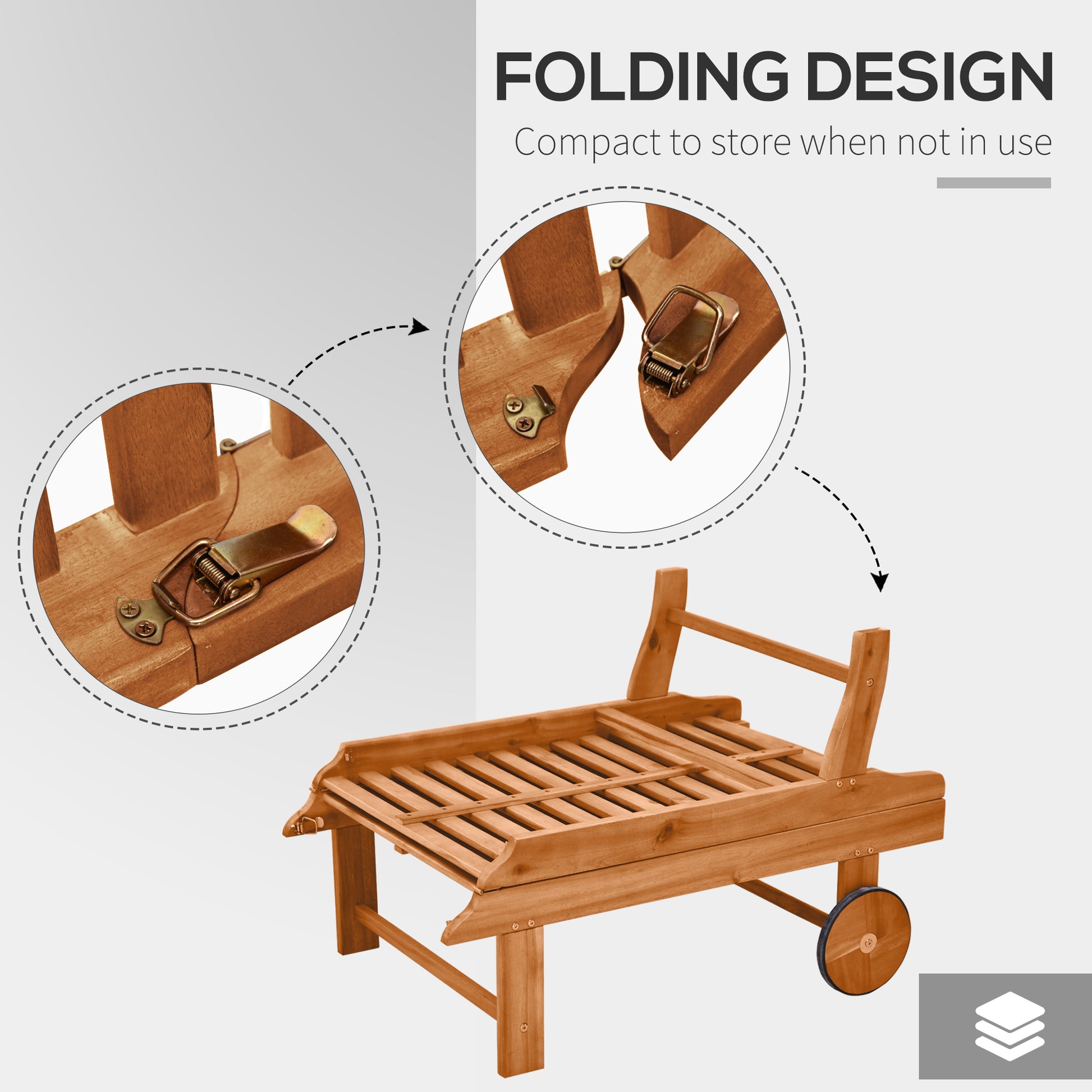 Outsunny Outdoor Folding Chaise Lounge Chair Recliner With Wheels, Acacia Wood Frame Teak Color Natural Acacia Wood