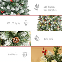 Homcom 6Ft Pre Lit Snow Dipped Artificial Christmas Tree With Realistic Branches, 300 Led Lights, Pine Cones, Red Berries And 618 Tips Green Pvc