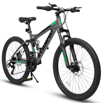 Ecarpat Mountain Bike 24 Inch Wheels, 21 Speed Full Suspension Mens Womens Trail Commuter City Mountain Bike, Carbon Steel Frame Disc Brakes Grip Shifter Front Fork Rear Shock Absorber Bicycles Gray Carbon Steel