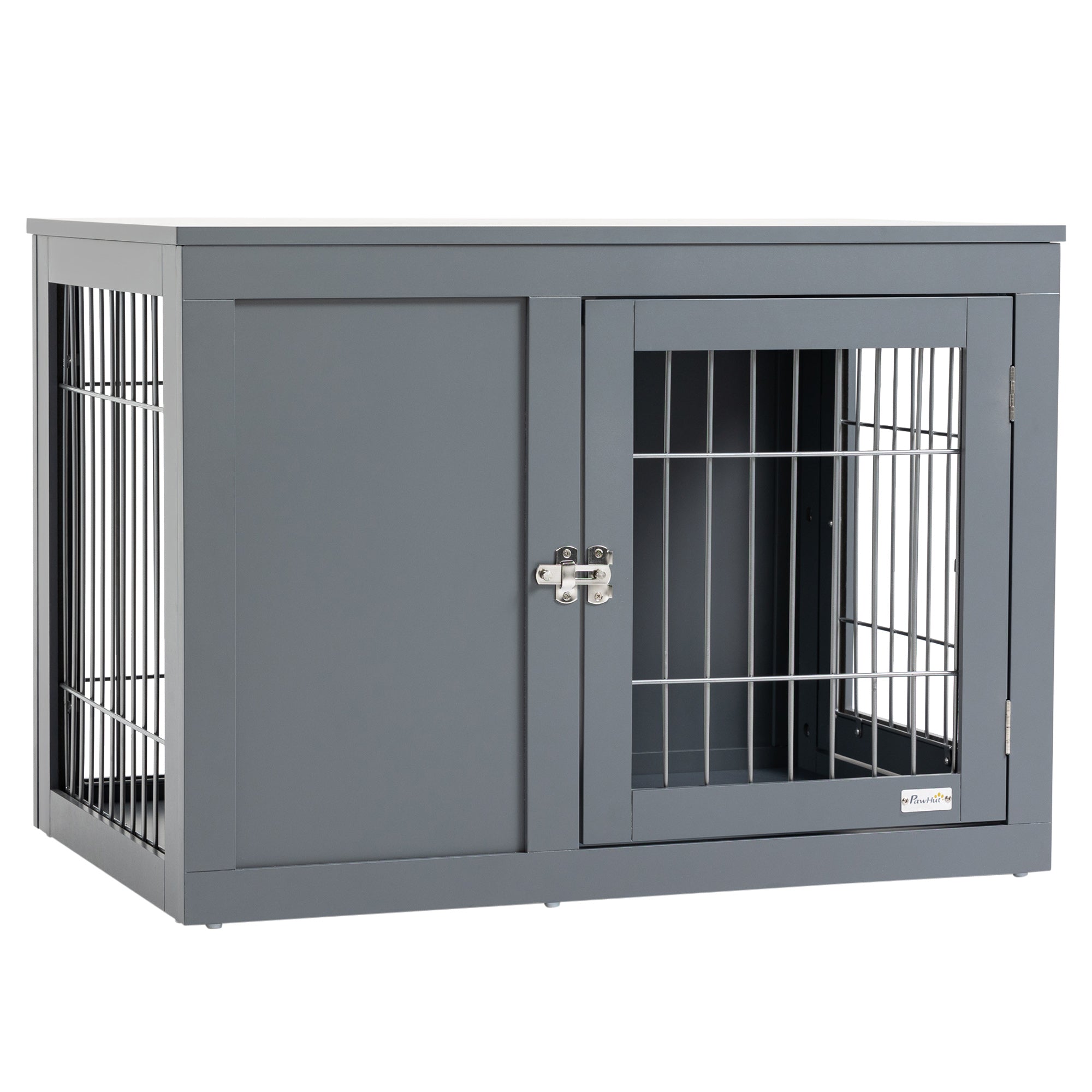 Pawhut Dog Crate Furniture Wire Indoor Pet Kennel Cage, End Table With Double Doors, Locks For Small And Medium Dog House, Grey Grey Steel