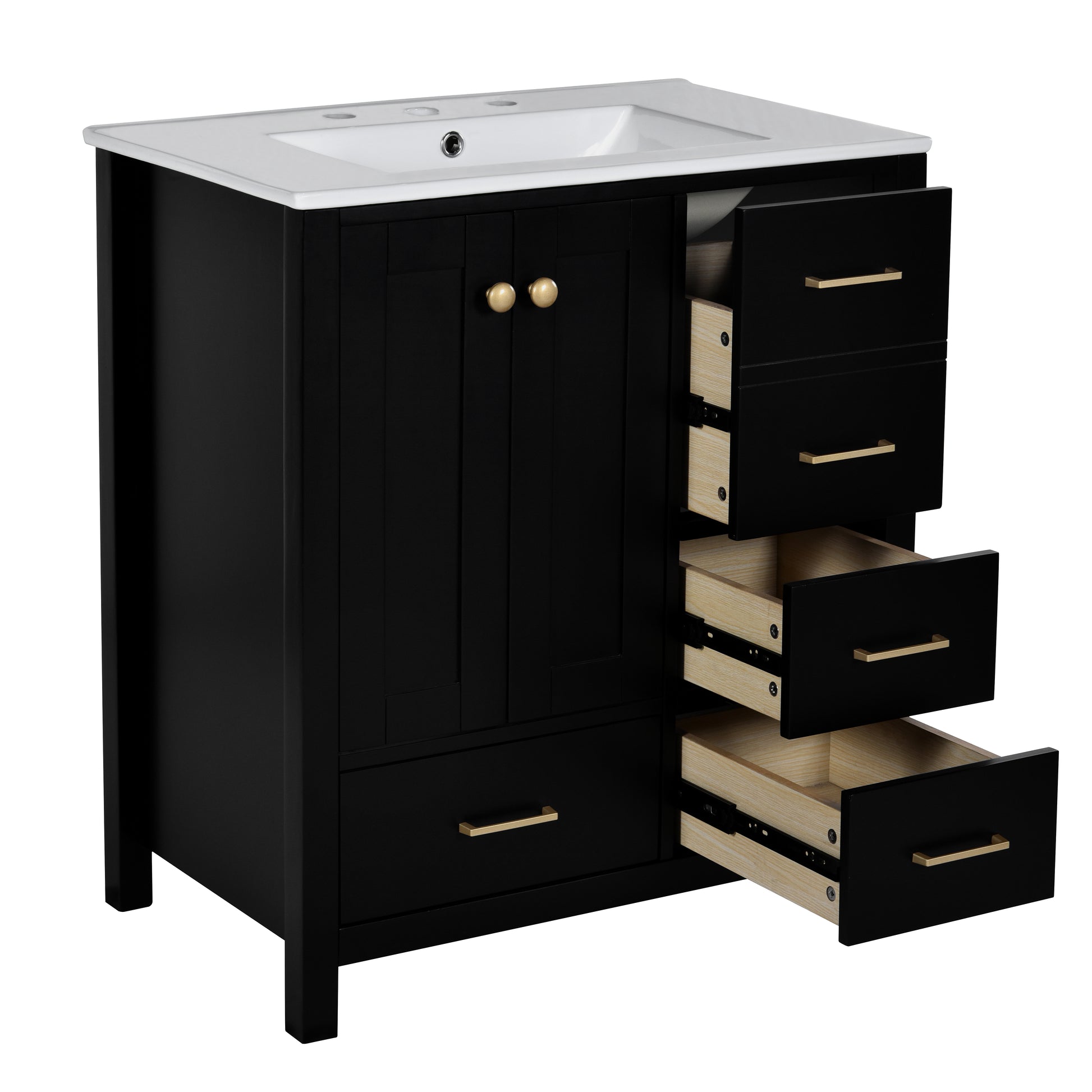 30'' Bathroom Vanity With Resin Sink Combo, Solid Wood Frame Bathroom Storage Cabinet, Freestanding Vanity Set With 4 Drawers& Soft Closing Doors, Black Black Bathroom Modern Solid Wood Mdf Resin