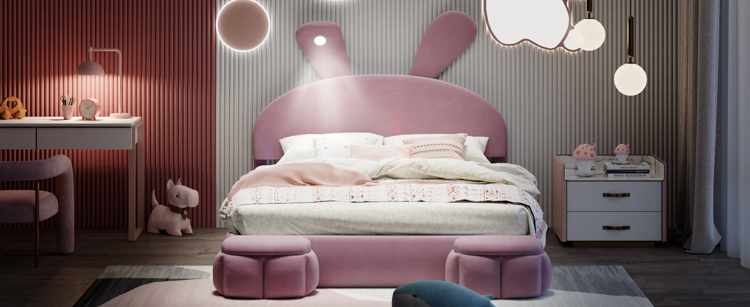 Full Size Upholstered Platform Bed With Cartoon Ears Shaped Headboard And Light, Pink Box Spring Not Required Full Pink Wood Bedroom Bed Frame Velvet Upholstered