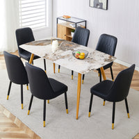 Table And Chair Set.Modern Minimalist Dining Table. White Imitation Marble Pattern Sintered Stone Desktop With Golden Metal Legs.Paried With 6 Comfortable Chairs With Pu Seats And Black Metal Legs.