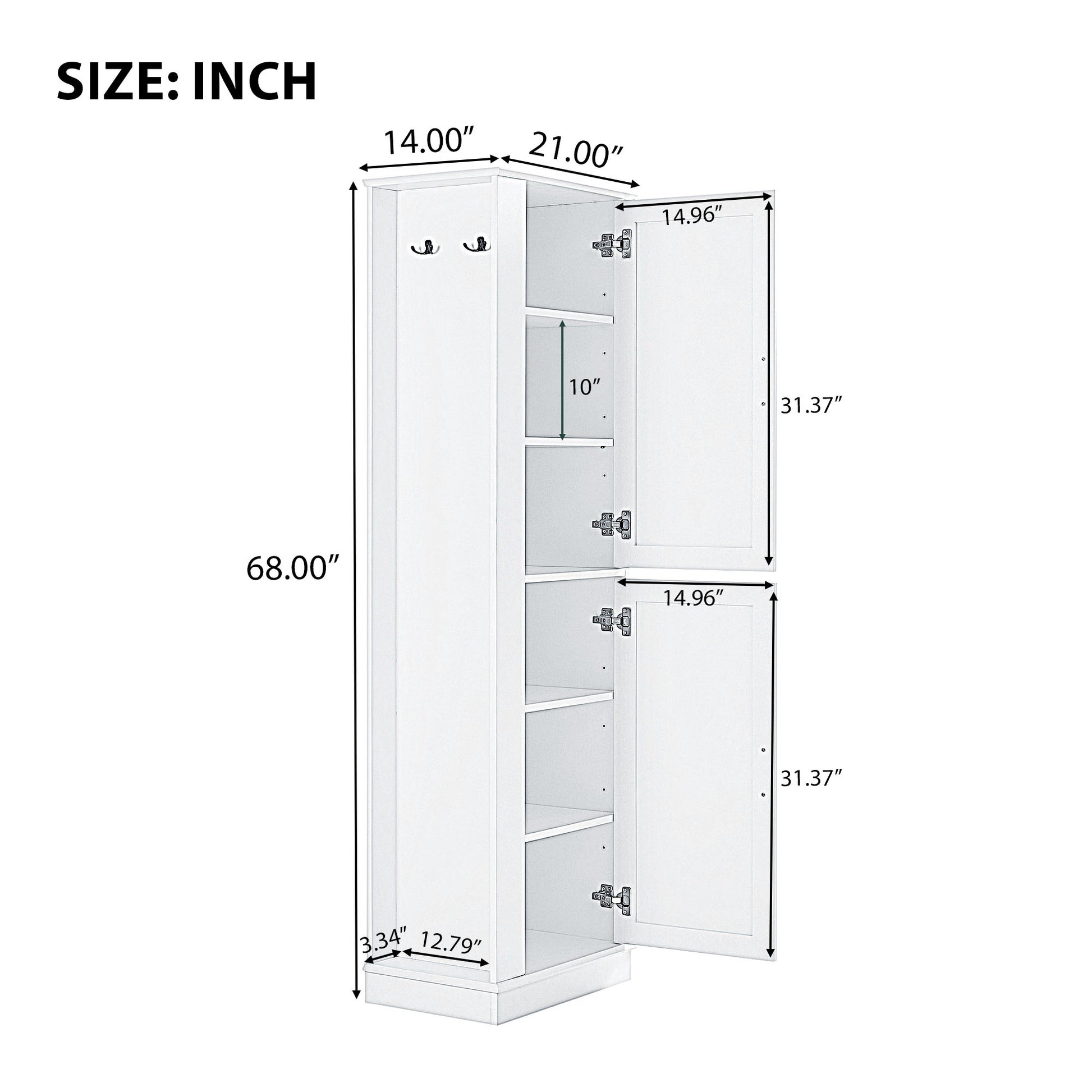 Tall Bathroom Storage Cabinet, Freestanding Storage Cabinet With Hook And Adjustable Shelf, Mdf Board, White White 2 Mdf