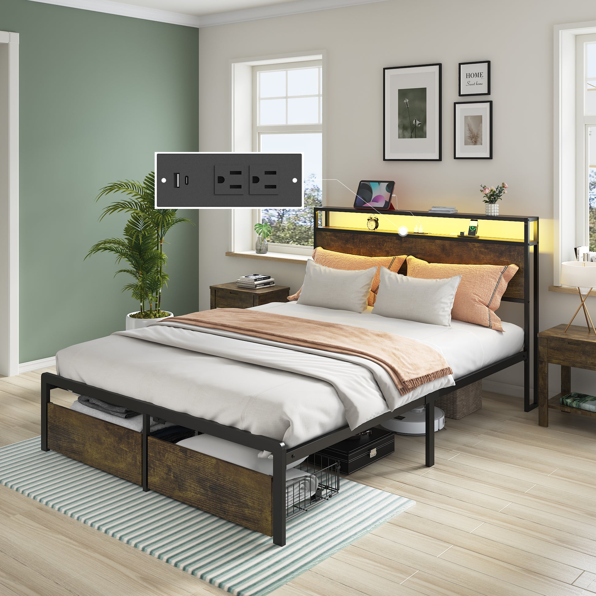 Full Bed Frame With Led Lights And Charging Station Robust Metal Wood Construction, Rustic Wood Platform Bed Frame With 2 Drawers, No Box Spring Needed, Noise Free, Vintage Brown, Easy Assemble Box