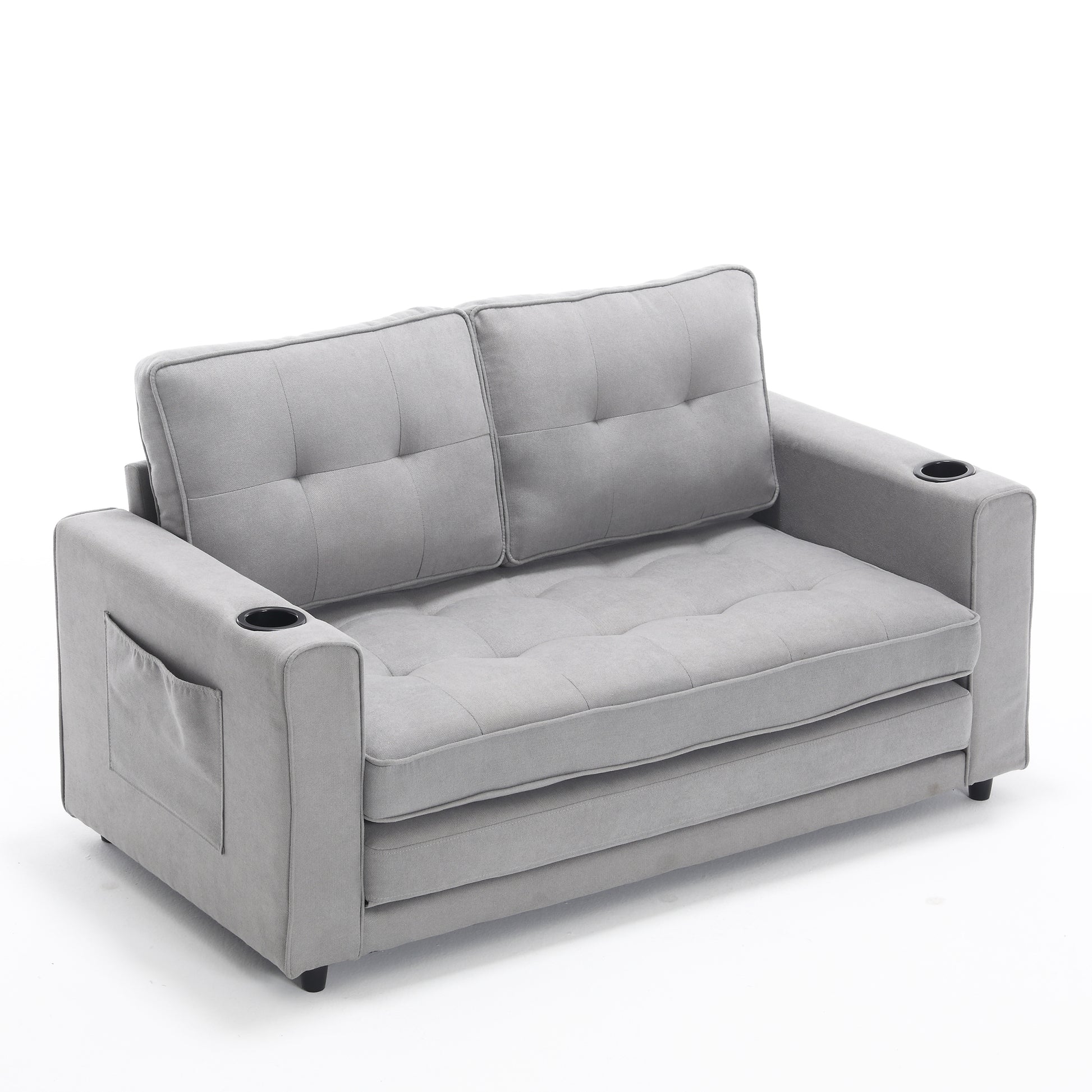 3 In 1 Upholstered Futon Sofa Convertible Sofa Bed,Foldable Tufted Loveseat With Pull Out Sleeper Couch Bed,Folding Mattres Beautiful Seat Daybed W Side Pockets And Cup Holder, Light Gray Light Gray Foam Fabric