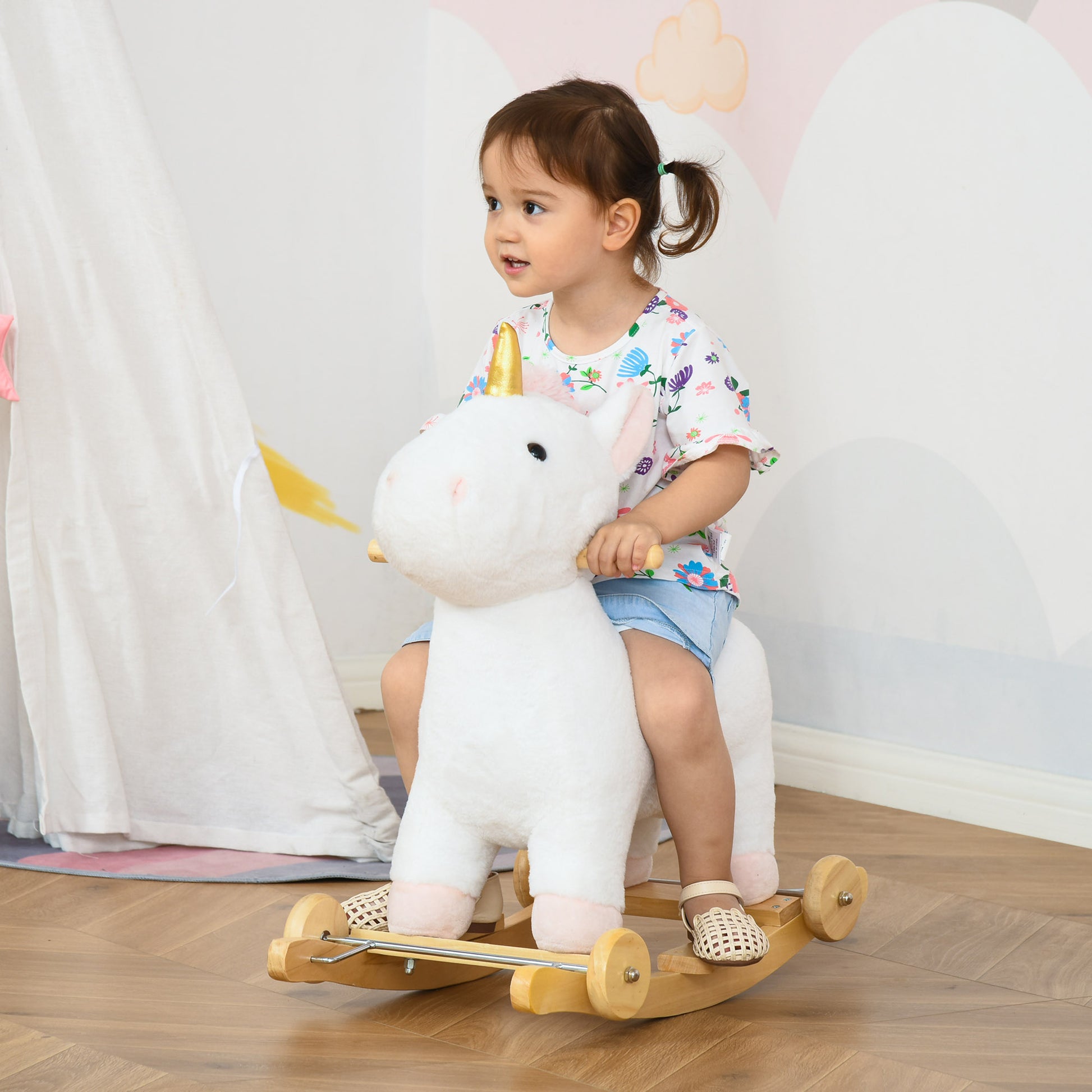 Qaba Rocking Horse, 2 In 1 Kids Ride On Horse, Rolling Unicorn Animal Rocker With Sound, Wooden Base, Pedal, Grip Handle, Plush Riding Pony For 3 6 Years Old, White White Plush