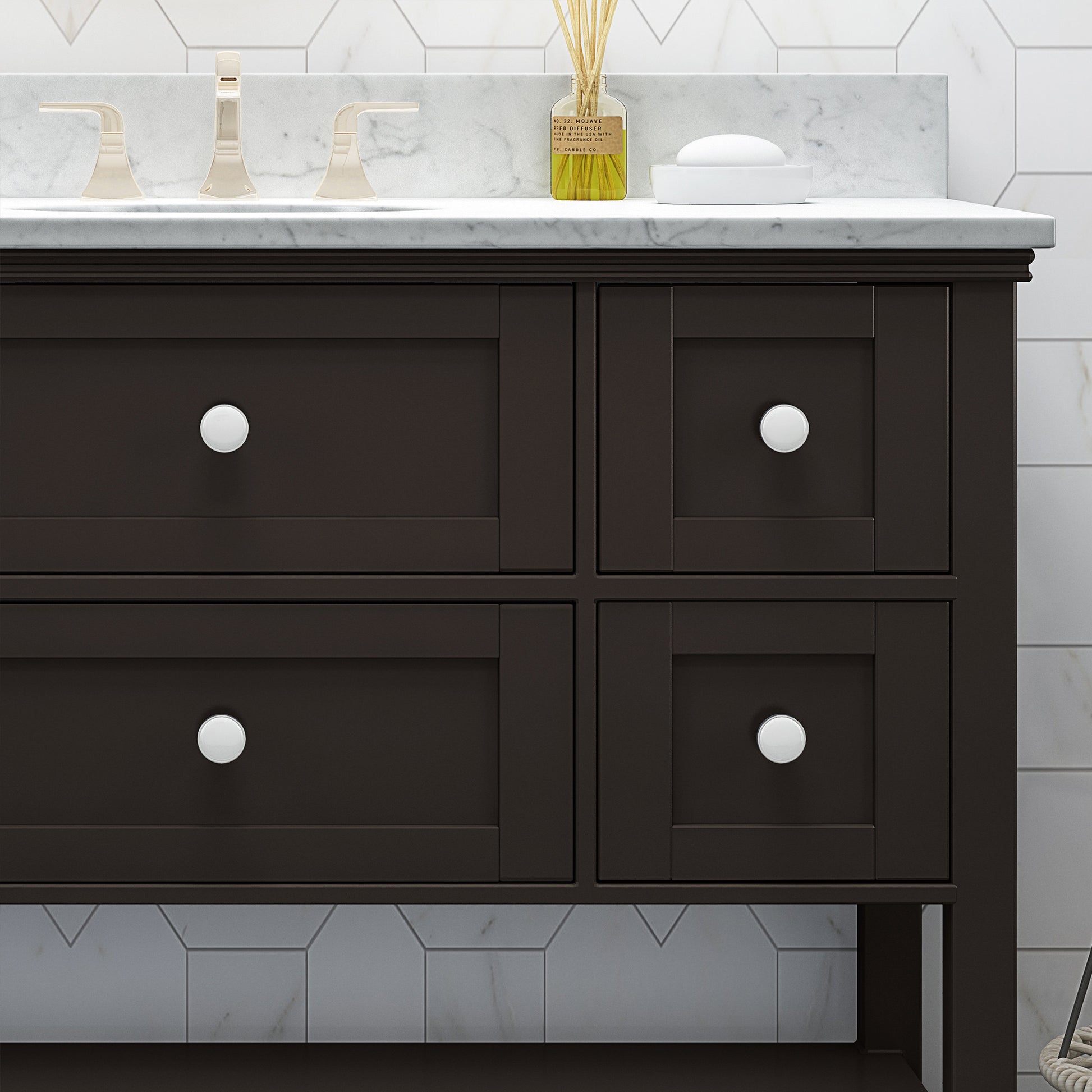 49'' Bathroom Vanity With Marble Top & Ceramic Sink, Open Shelf, 5 Drawers, Brown Brown Plywood