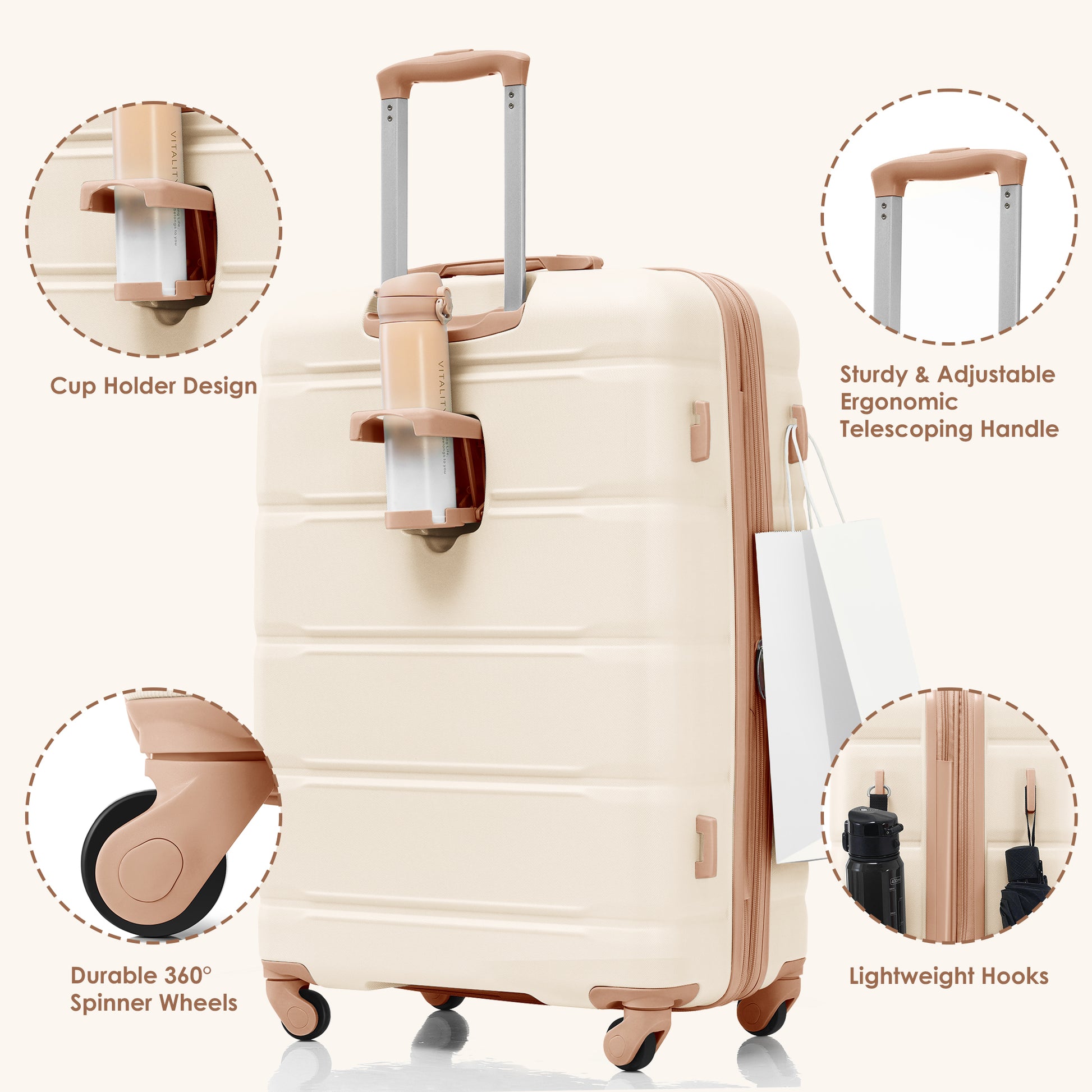 Luggage Sets 4 Piece, 20 Inch With Usb Port, Expandable Abs Durable Suitcase With Travel Bag, Cup Holder, Abs Hard Shell Luggage With Spinner Wheels, Beige And Golden Beige Gold Abs