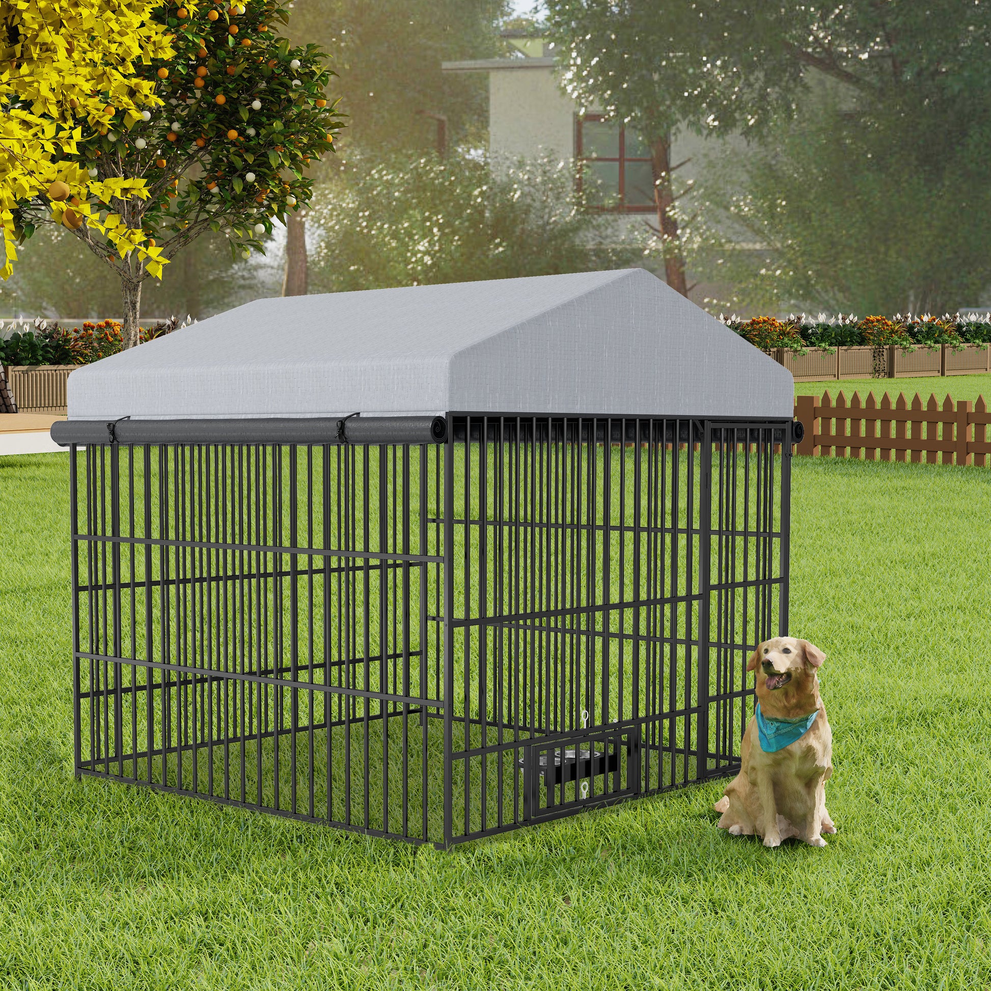 Large Dog Kennel Outdoor Pet Pens Dogs Run Enclosure Animal Hutch Metal Coop Fence With Roof Cover 6.6'L X 6.6'W X 6.4'H Black Silver Outdoor Kennel Xxl 91 Lbs Iron