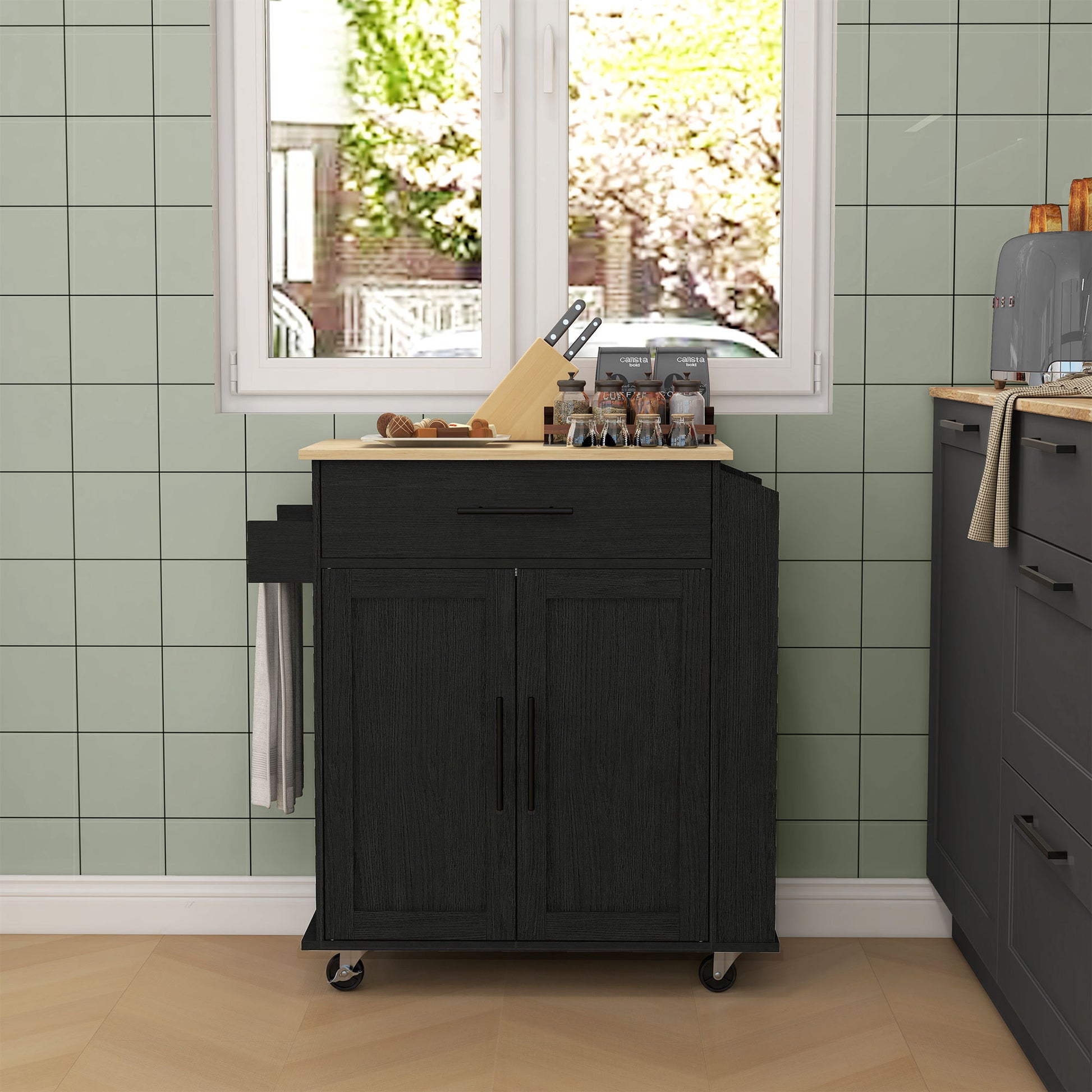 Homcom Kitchen Island With Storage, Rolling Kitchen Cart With Ac Outlets And Usb Ports, Microwave Stand With Towel And Spice Rack, Black Black Mdf