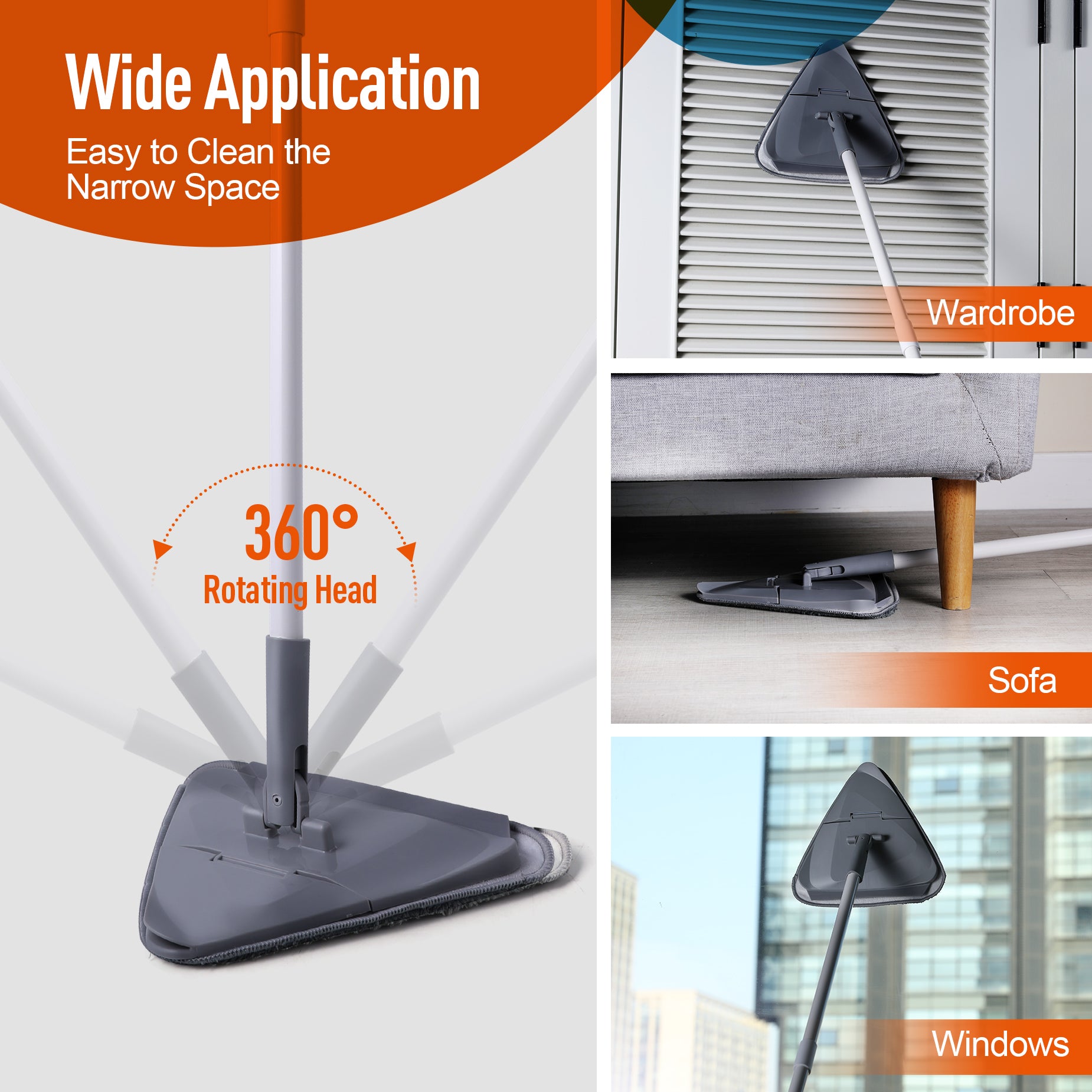 Flexible Triangle Mop With Adjustable Handle Effortlessly Clean Walls, Windows, And Floors Grey Plastic