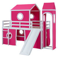 Twin Size Loft Bed With Slide Pink Tent And Tower Pink Old Sku:Wf298769Aah Twin Pink Solid Wood