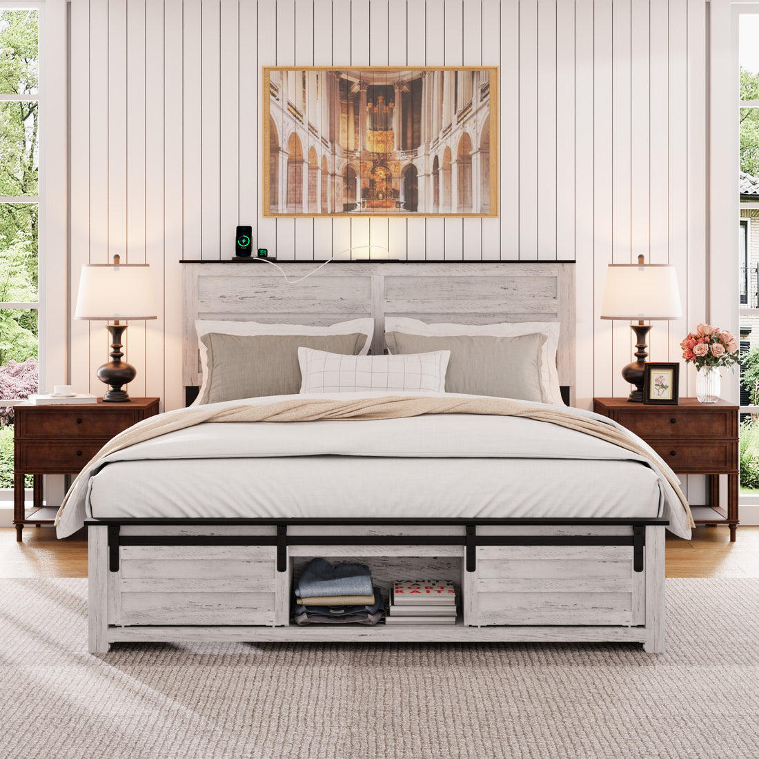 Queen Bed Frame With Upholstered Headboard And Wood Platform,Storage Headboard With Charging Station And Led, Bed Frame With Pet Bed,No Noise, No Box Spring Needed,Easy Assembly,Antique White Box