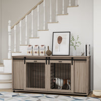 Pawhut Dog Crate Furniture With Removable Divider For 2 Small Dogs Or 1 Large Dog, 71" Modern Dog Kennel Furniture End Table With Storage, Double Doors, Walnut Brown Particle Board