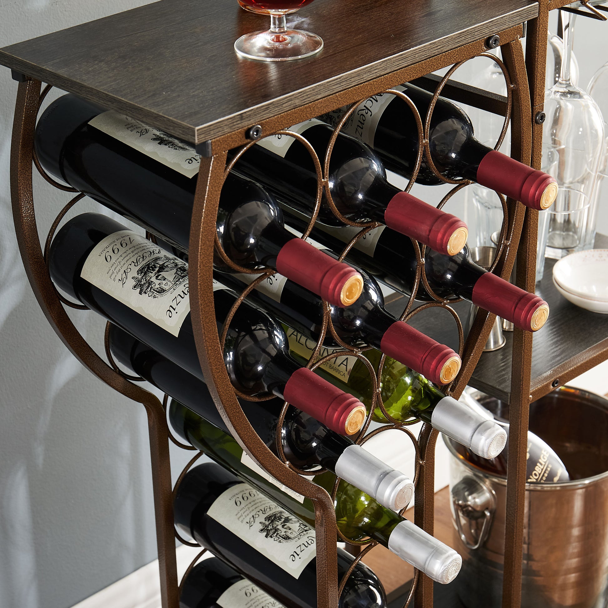 Grey 11 Bottle Wine Bakers Rack, 5 Tier Freestanding Wine Rack With Hanging Wine Glass Holder And Storage Shelves, Wine Storage Home Bar For Liquor And Wine Storagefor Kitchen, Dining Room Grey Metal & Wood Metal & Wood