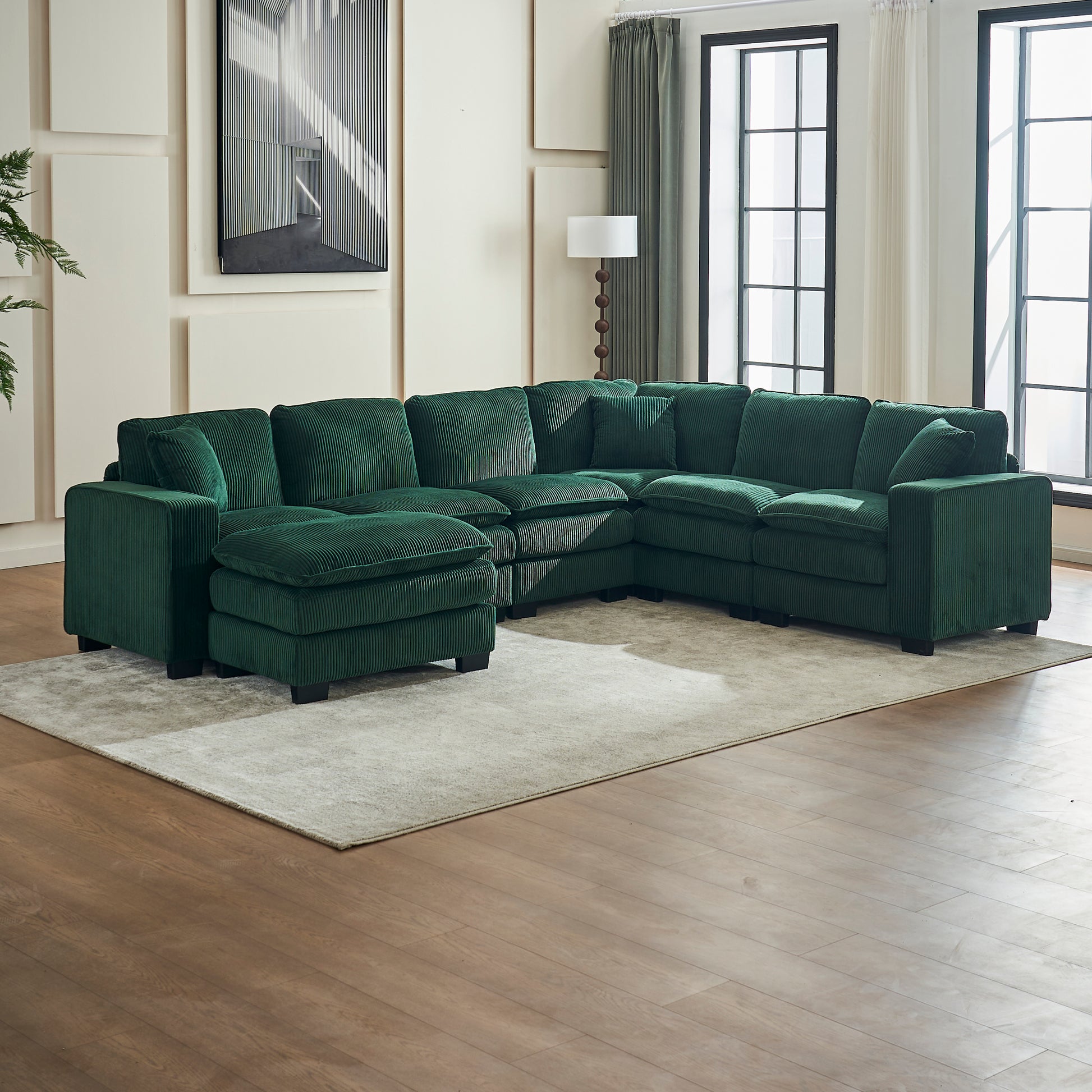 Modern U Shaped 6 Seat Sectional Sofa Couch With One Ottoman And Three Toss Pillows ,Modular Sofa For Living Room,Corduroy Sofa Green Corduroy 7 Seat