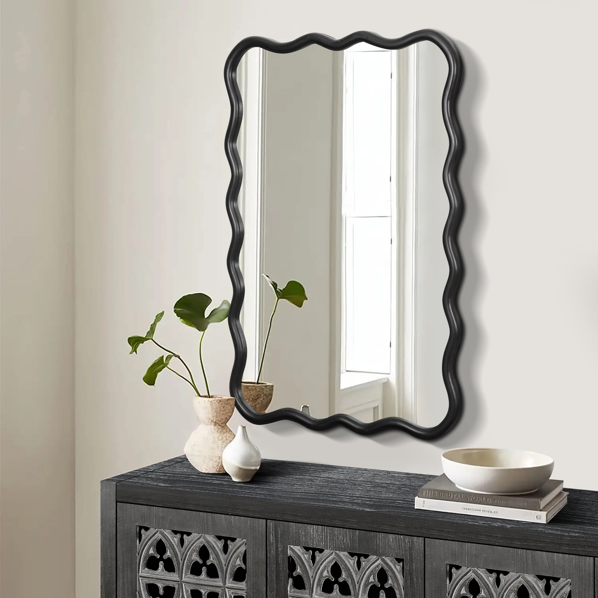 Solid Wood Wavy Rectangle Mirror Black 40" X 28" Modern Mirror Wall Decor For Bathroom, Bedroom, Living Room, Dining Room, Cloakroom, Entryway Rectangle Antique Black Living Room Large 33In 40In Glass Solid Wood