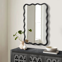 Solid Wood Wavy Rectangle Mirror Black 40" X 28" Modern Mirror Wall Decor For Bathroom, Bedroom, Living Room, Dining Room, Cloakroom, Entryway Rectangle Antique Black Living Room Large 33In 40In Glass Solid Wood