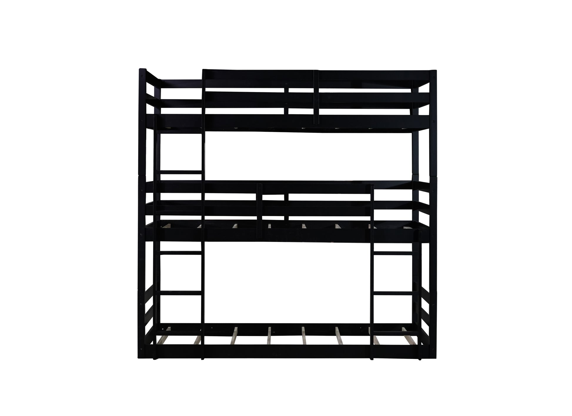 Triple Rubber Wood Bunk Bed With Two Built In Ladders, Guardrails, Twin Over Twin Over Twin, Detachable Triple Twin Bunk Bed,Black Twin Black Bedroom American Design Bed Frame Rubber Wood