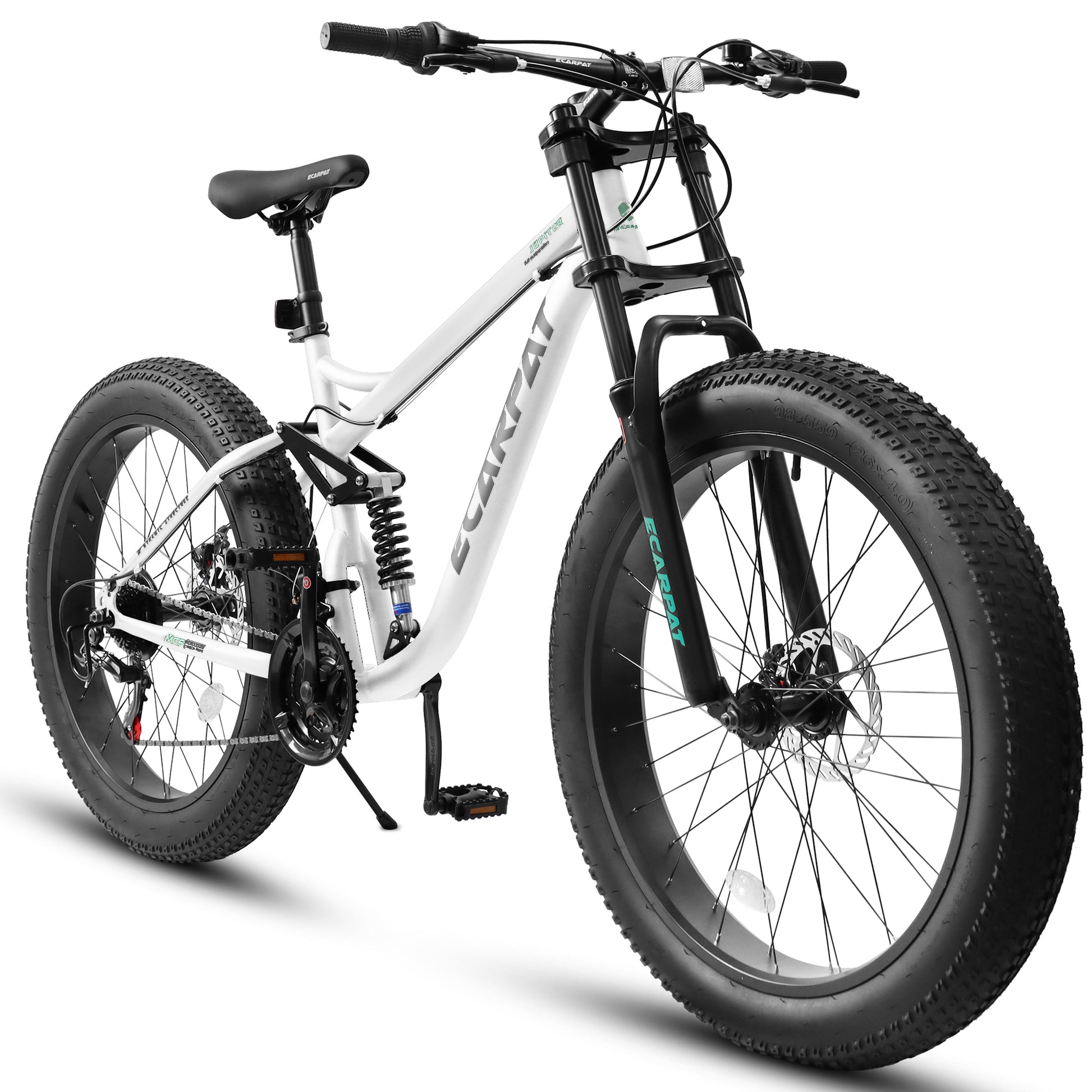 A26309 26 Inch Mountain Bike,Full Suspension 21 Speeds Drivetrain With Disc Brake Mtb Bicycle, 26*4" Fat Tire Bike For Men White Steel