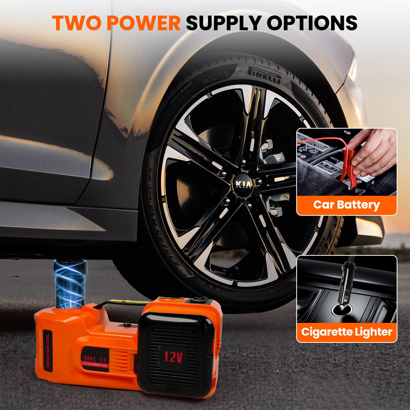 Electric Car Jack Kit,5 Ton 11023 Lbs Hydraulic Jack Lift With Electric Impact Wrench,Uilt In Inflatable Pump,And Led Light For Suv ,Mpv Sedan,Chrome Vanadium Steel Orange Abs Pc