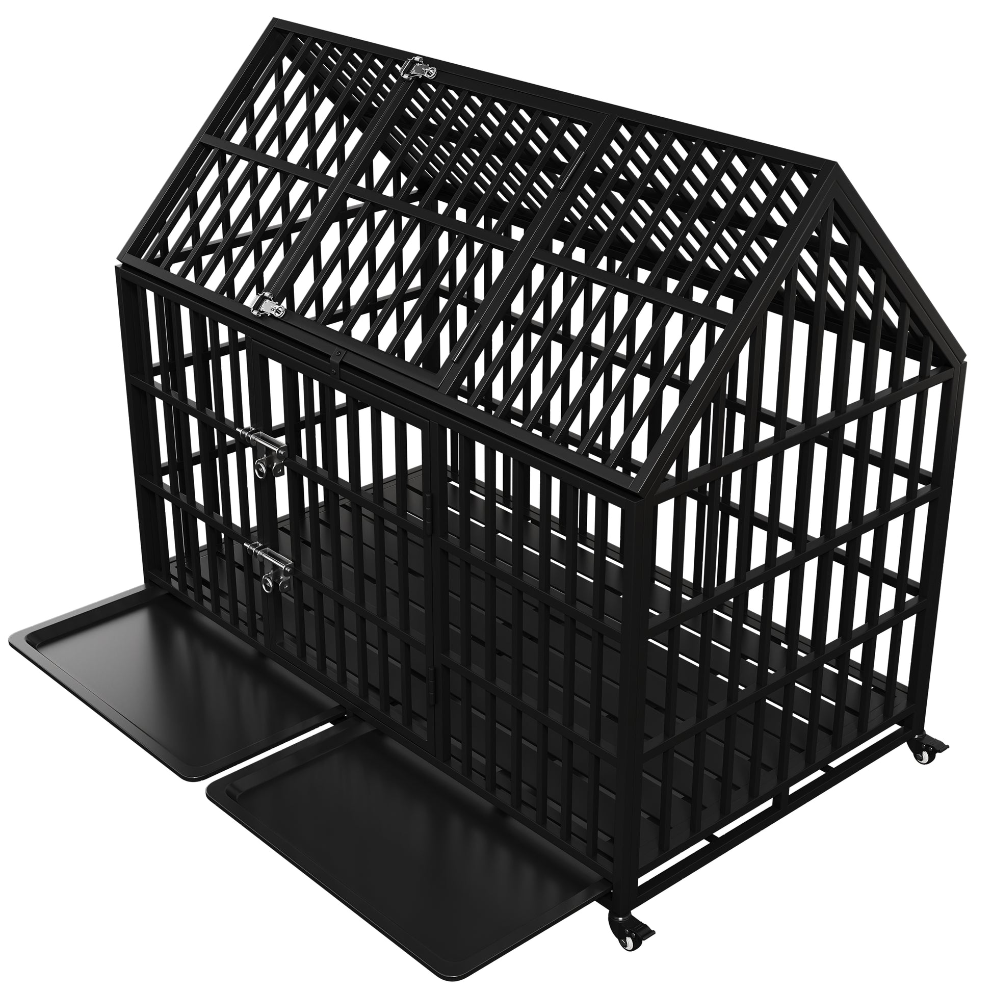 54" Heavy Duty Dog Crate Large Dog Cage Strong Metal Dog Kennels And Crates For Large Dogs Top Open With 2 Doors 4 Lockable Wheels 2 Removable Trays Black Outdoor Kennel Extra Large 71 90 Lbs Steel