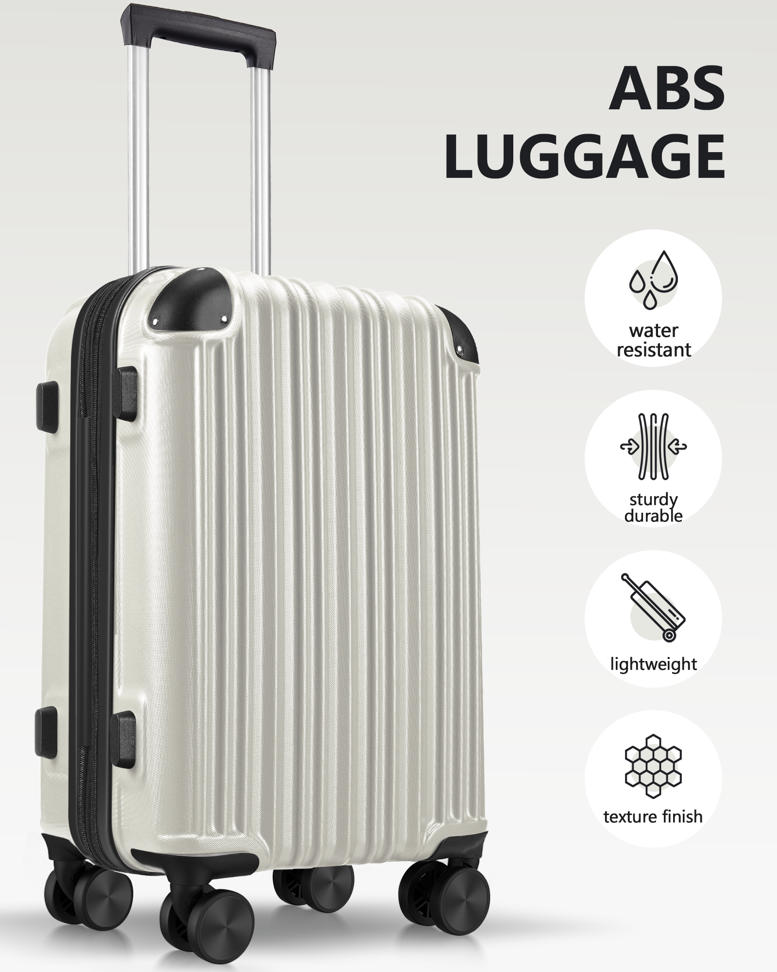 3 Piece Luggage Set With Tsa Lock& Double Spinner Wheels, Expandable For Large Storage Off White Abs