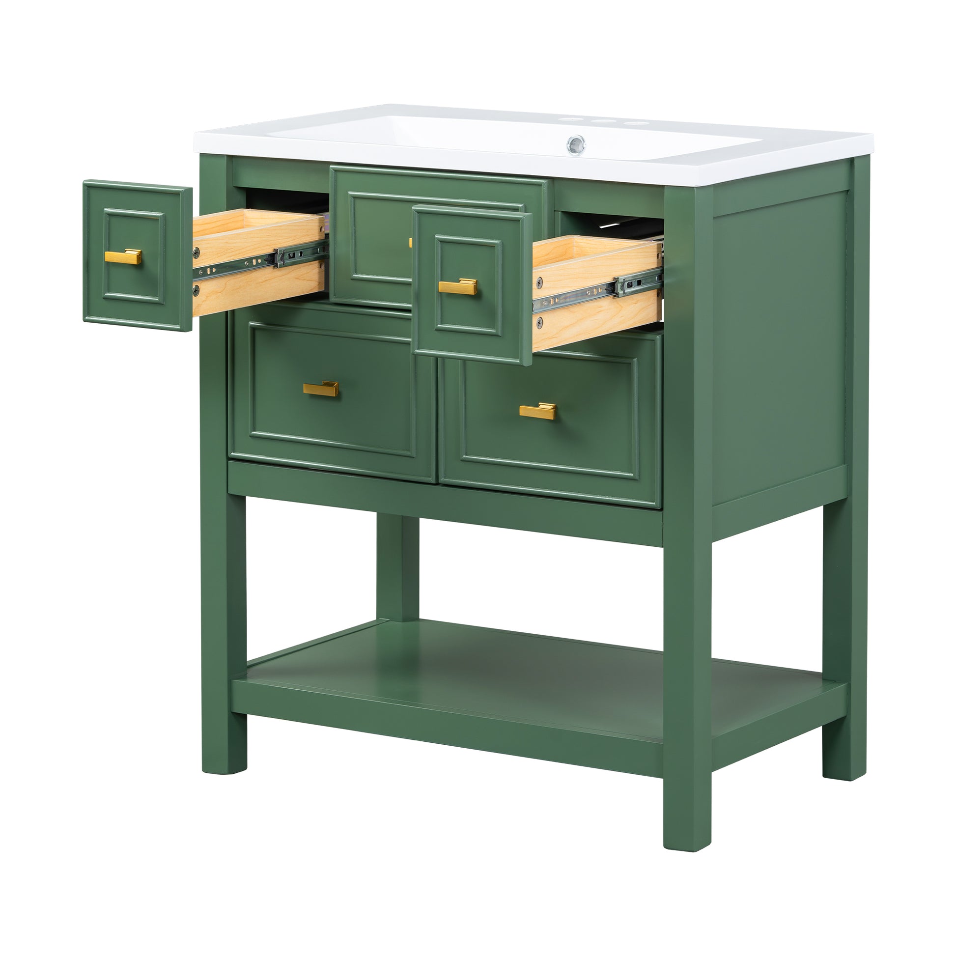 30'' Bathroom Vanity With Resin Sink Combo, Free Standing Single Vanity Set With 5 Drawers, Solid Wood Frame Bathroom Storage Cabinet, Green 4 Green 1 Bathroom Freestanding Modern Solid Wood Mdf Resin Painted