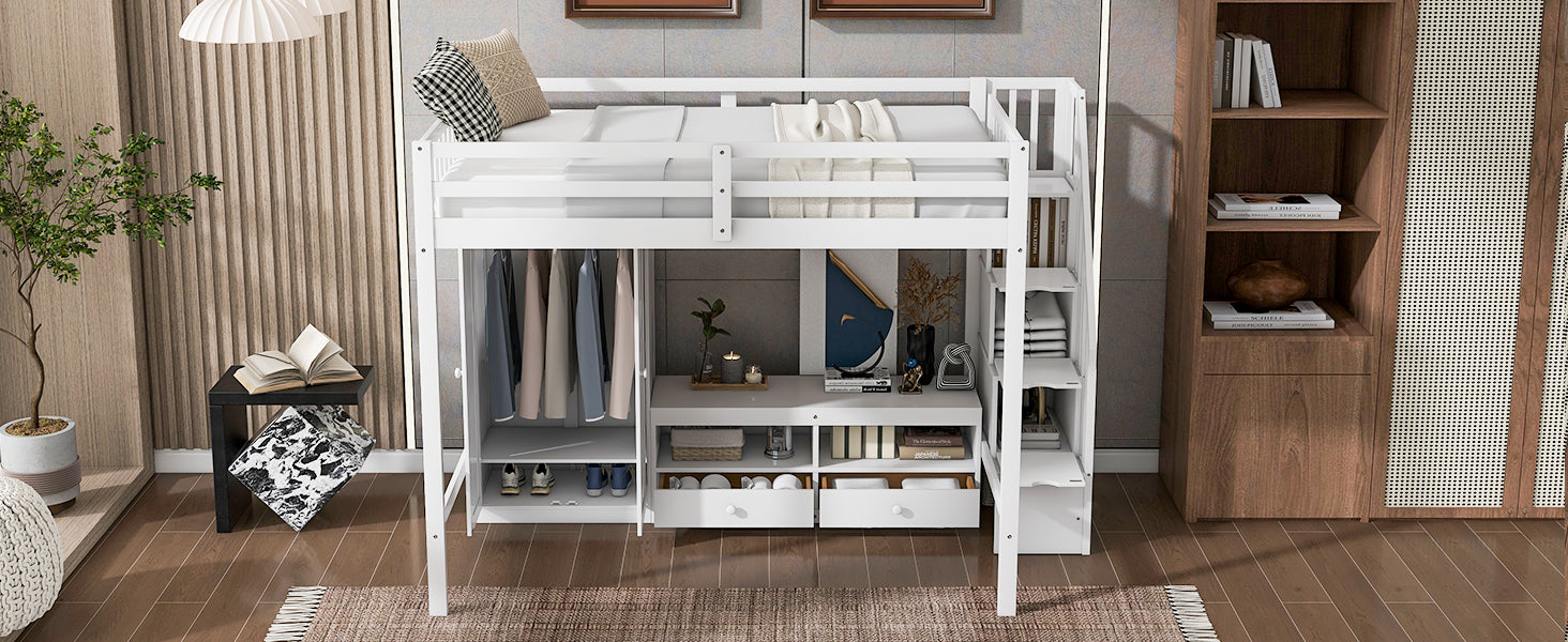 Full Size Loft Bed Frame With Wardrobe,Low Storage Table And Storage Staircase,White Gray Expected Arrival Time:10.20 White Solid Wood Mdf