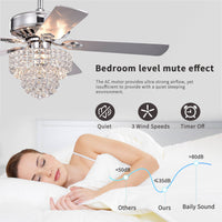 52 Inch Crystal Ceiling Fan Lamp With Remote Control 3 Speed High, Mid, Low , 5 Reversible Blades For Living Room, Dining Room, Bedroom, Family Room, Chrome ,3Pcs*E12 No Include Bulb Chrome American Traditional,Antique,Classic,Contemporary Plywood Metal