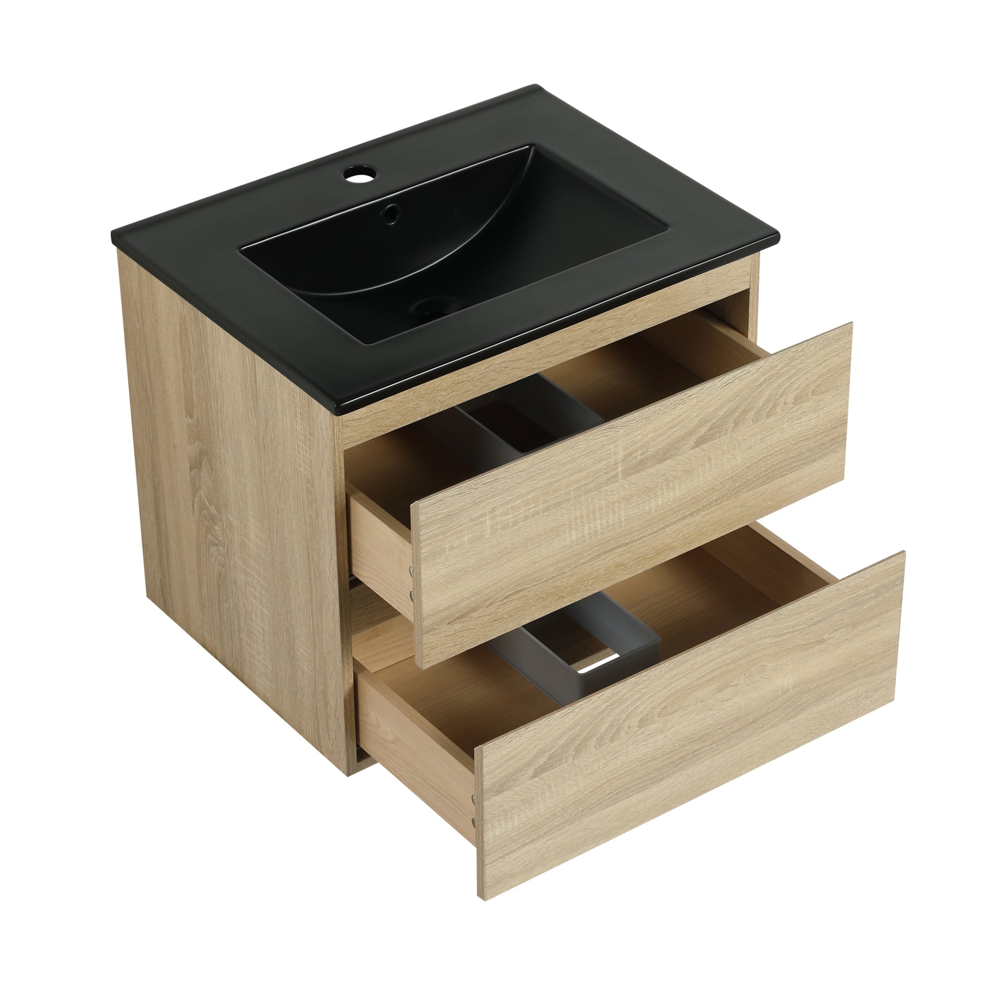 24" Wall Mounted Bathroom Vanity With Black Ceramic Sink, 2 Soft Close Drawers, Kd Package 2 Light Oak Bathroom Wall Mounted Modern Plywood