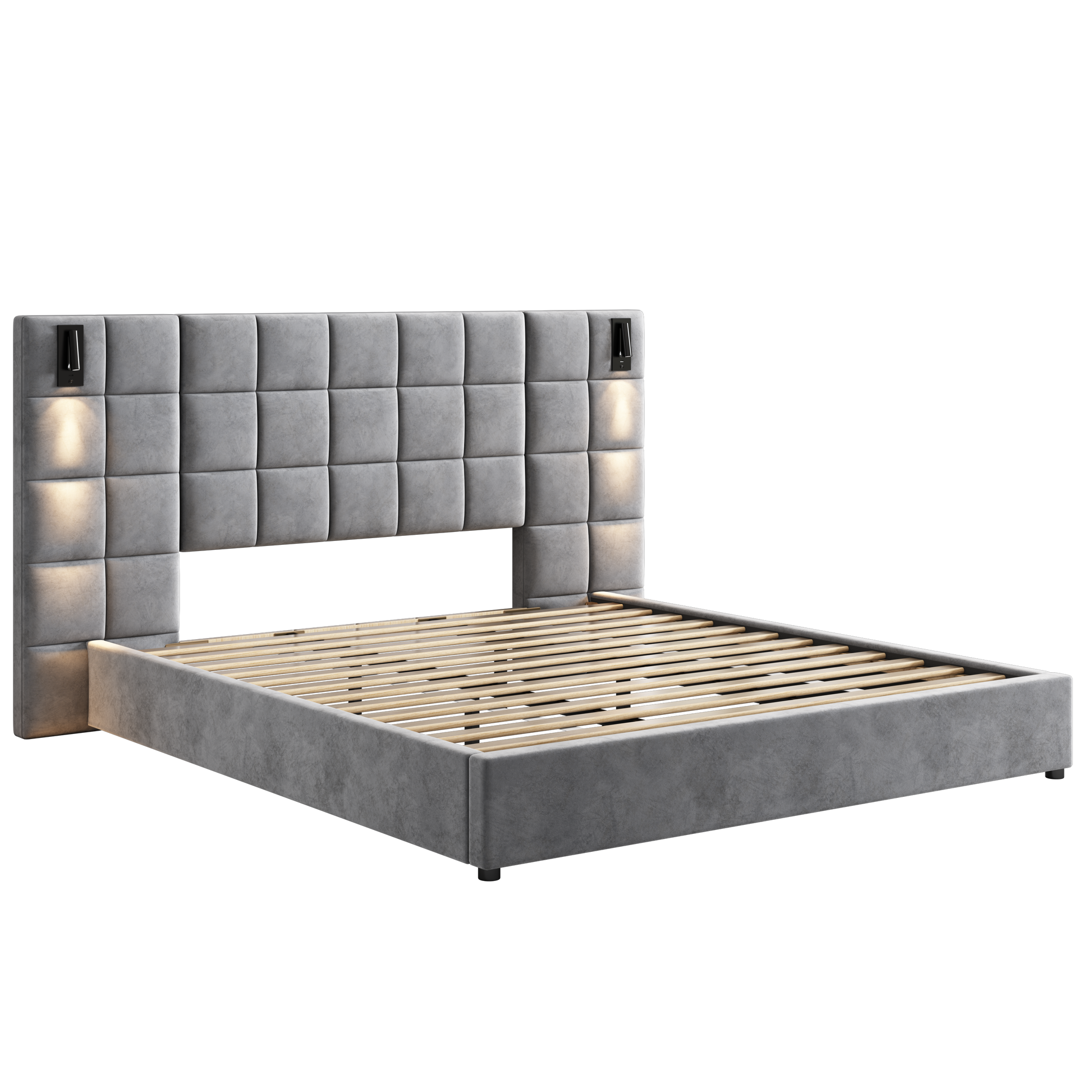 Upholstered King Bed,With Reading Lamp And Usb Port, Wide Headboard,Without Bedside Tables And Mattress, Velvet, Grey King Grey Wood Foam,Upholstered,Velvet