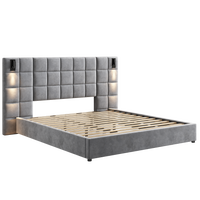 Upholstered King Bed,With Reading Lamp And Usb Port, Wide Headboard,Without Bedside Tables And Mattress, Velvet, Grey King Grey Wood Foam,Upholstered,Velvet