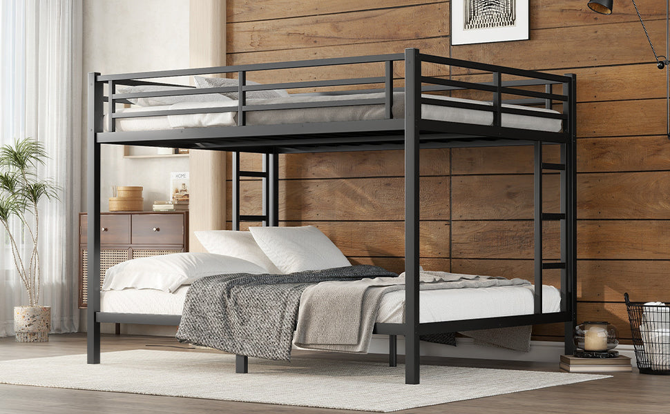 Metal Queen Over Queen Bunk Bed For Teens And Adults,Space Saving Noise Reduced No Box Spring Needed, Black Black Metal