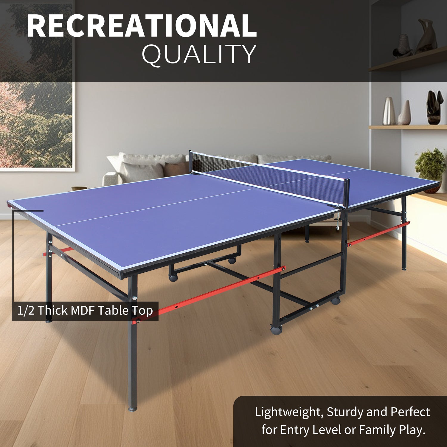 8Ft Mid Size Table Tennis Table, Foldable Ping Pong Table For Indoor & Outdoor Games With Net, 2 Table Tennis Paddles And 3 Balls Blue Mdf