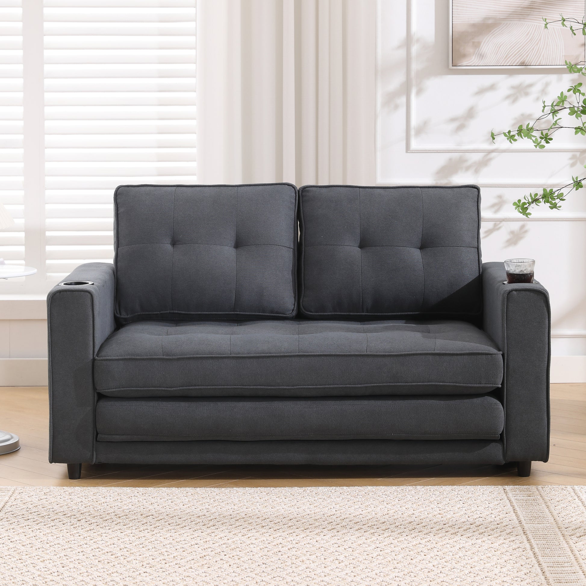 3 In 1 Upholstered Futon Sofa Convertible Sofa Bed,Foldable Tufted Loveseat With Pull Out Sleeper Couch Bed,Folding Mattres Beautiful Seat Daybed W Side Pockets And Cup Holder, Dark Gray Dark Gray Foam Fabric