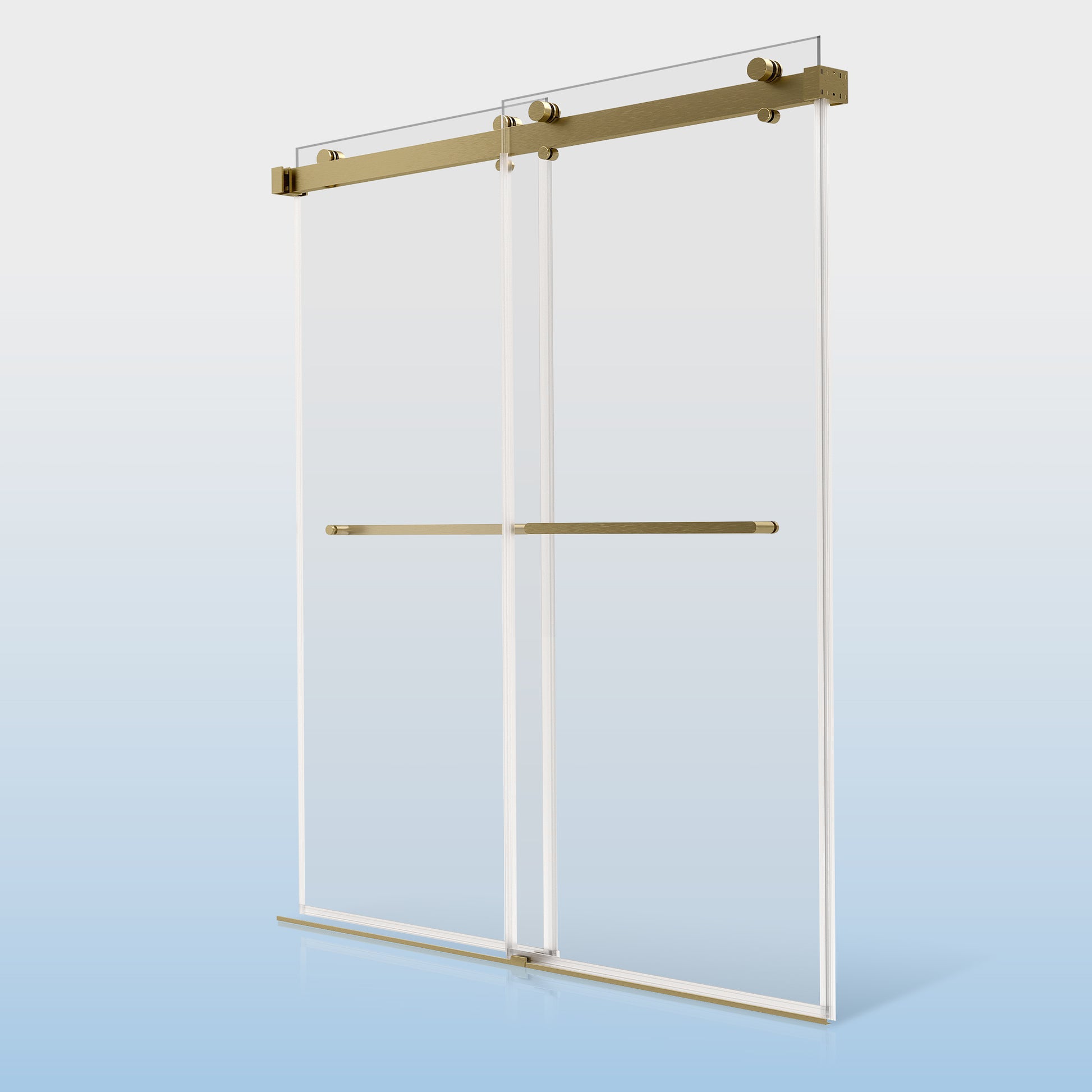 56 60 Inches Width 76 Inches Height Double Sliding Frameless Shower Door With 3 8 Inches 10Mm Clear Tempered Glass, Brushed Gold Finish Brushed Gold Bathroom Luxury,Modern Glass Aluminium,Stainless