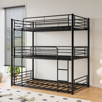 Triple Twin Bunk Beds, Twin Over Twin Over Twin Metal Bunk Bed Platform Frame, Two Attached Ladders, Easy Access Guard Rail, No Box Spring Need Black Box Spring Not Required Twin Black Metal Bedroom