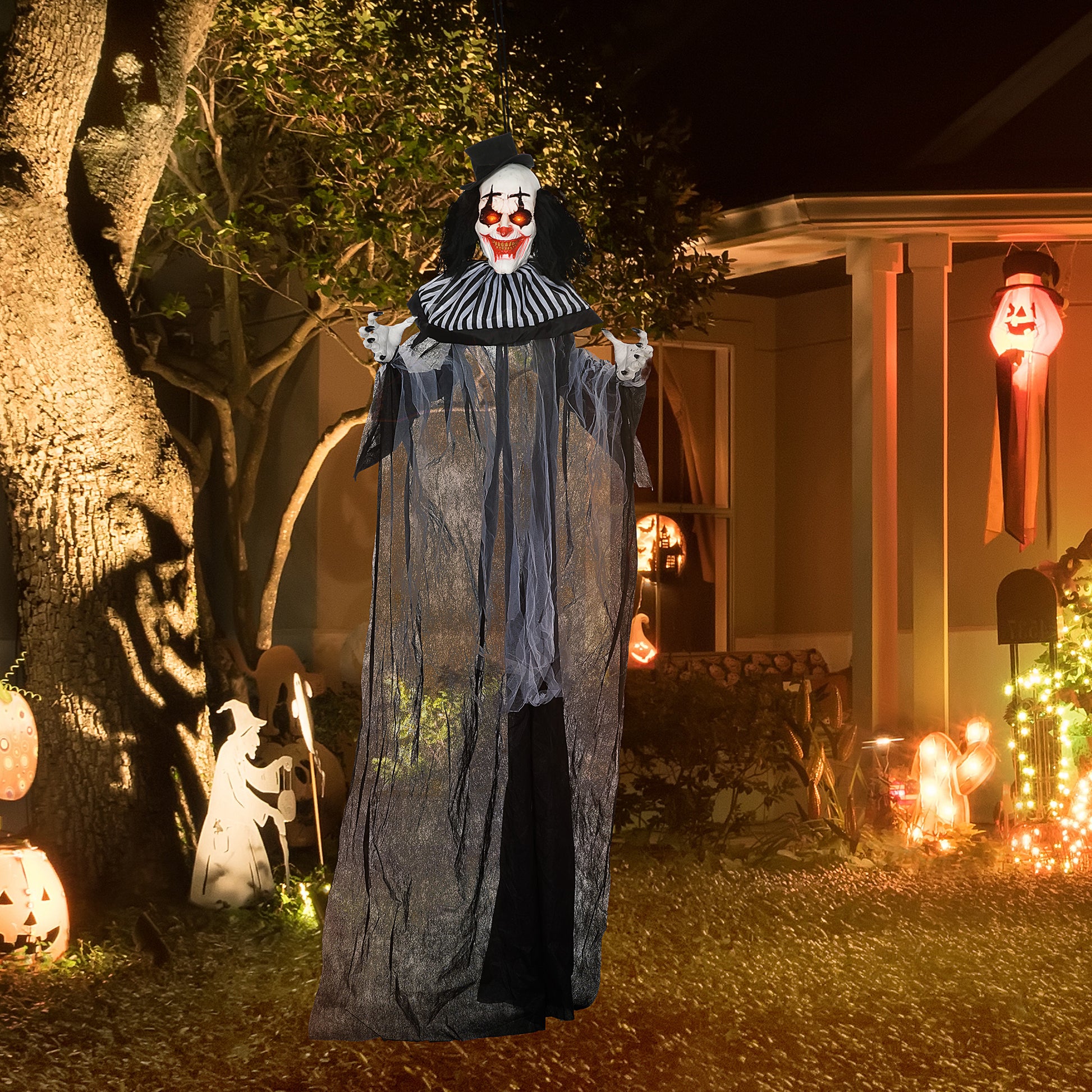 Homcom 6' Life Size Outdoor Halloween Decoration, Classic Black And White Striped Clown Animatronic, Sound And Motion Activated Animated Prop With Light Up Eyes & Sounds Black Polyester