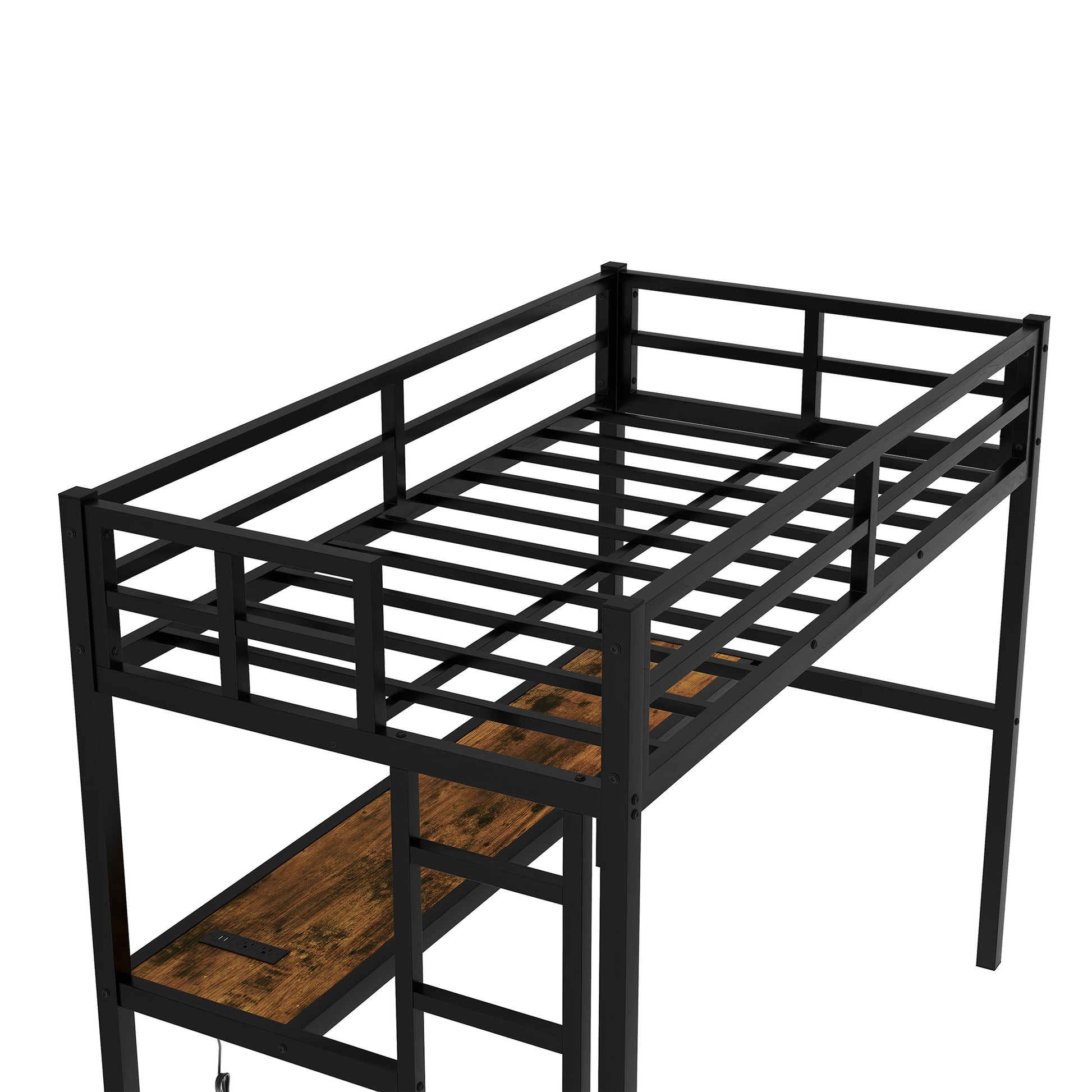 Metal Twin Xl Size Loft Bed With Power Outlet And Led Lighted, Space Saving, Noise Reduced, Black Twin Xl Black Metal