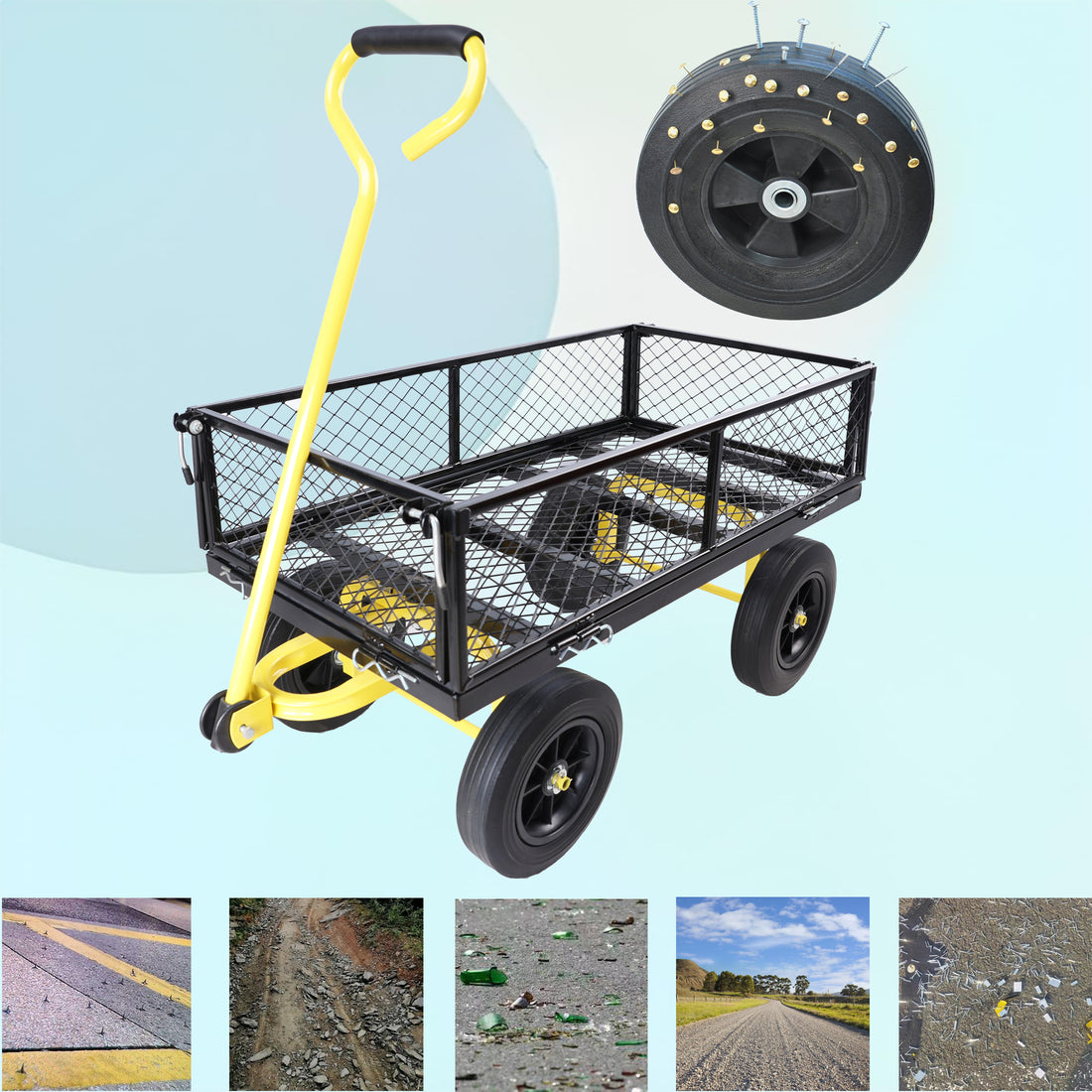 Black Yellow Solid Wheels Wagon Cart Solid Wheels Tools Cart Wagon Cart Garden Cart Trucks Make It Easier To Transport Firewood Black Metal