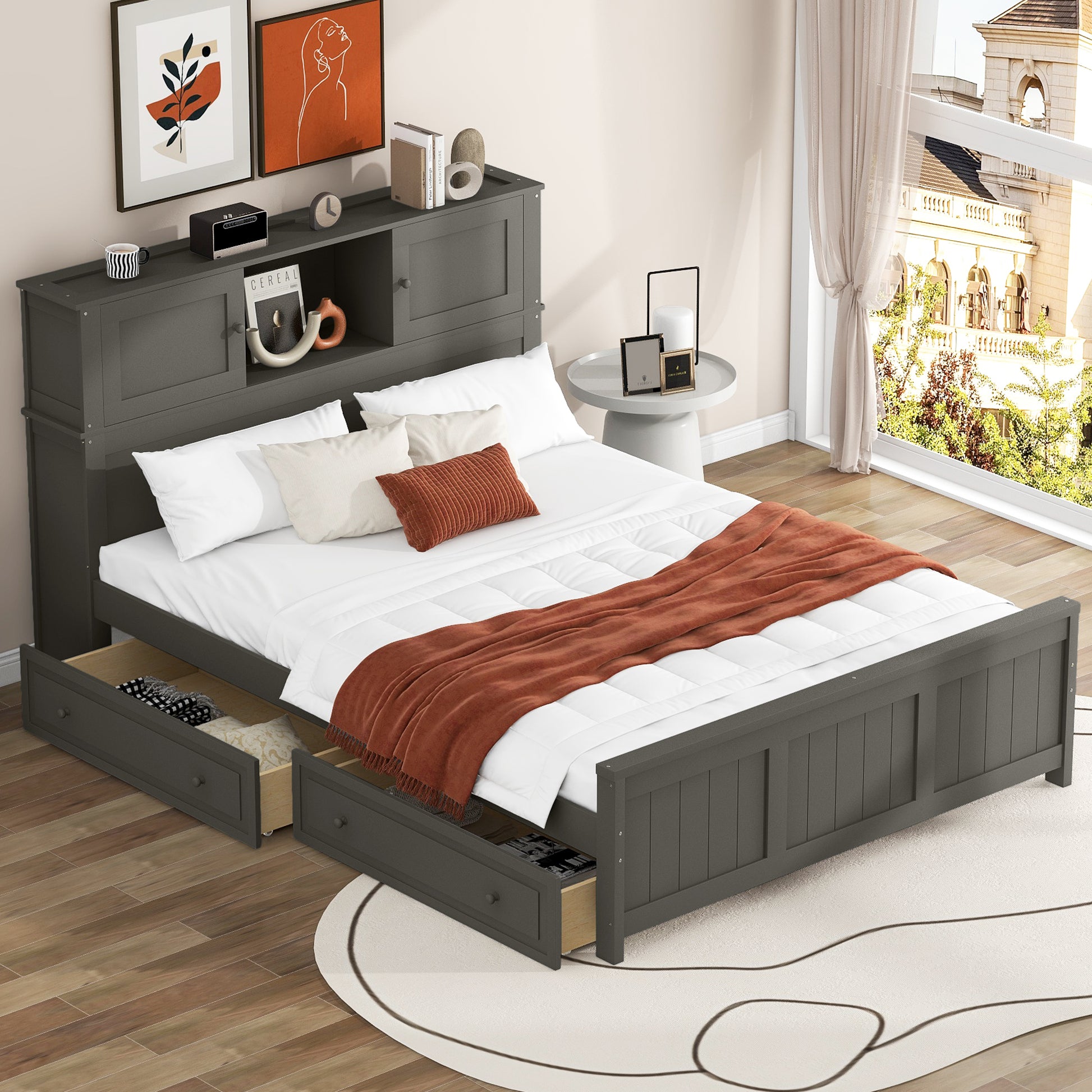 Full Size Platform Bed With Storage Headboard And Sliding Door,2 Drawers, Gray Full Gray Solid Wood Mdf