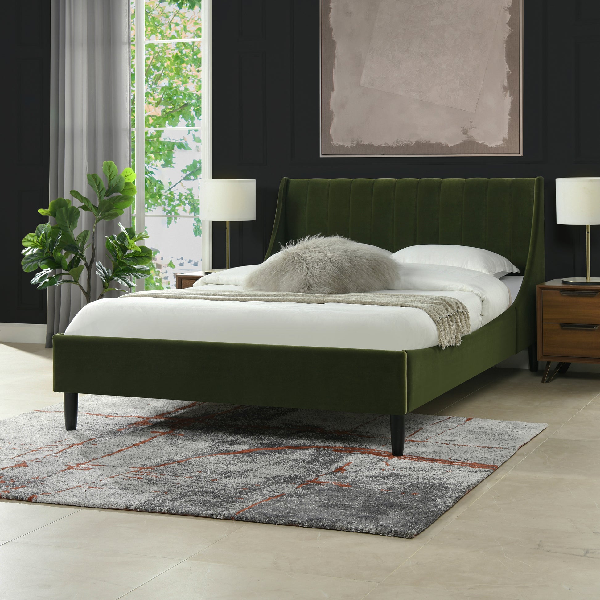 Aspen Vertical Tufted Modern Headboard Platform Bed Set, Queen, Olive Green Performance Velvet Box Spring Not Required Queen Olive Green Wood Foam Velvet Velvet