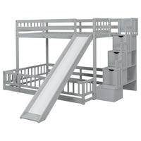 Twin Over Full Bunk Bed With Slide, Storage Staircase, Pine Solid Wooden Bunk Bed With Safety Guardrails ,Grey Grey Pine