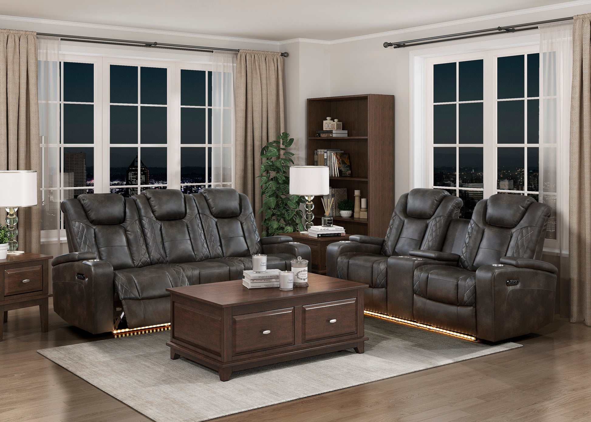 Luxury Comfort Modern Living Room Furniture 1Pc Power Reclining Loveseat Premium Faux Leather Upholstery, Power Headrests, Led Light, Usb Ports, Cup Holders, Hidden Storage Brown Gray Faux Leather Wood Primary Living Space Luxury,Modern Plywood,Solid