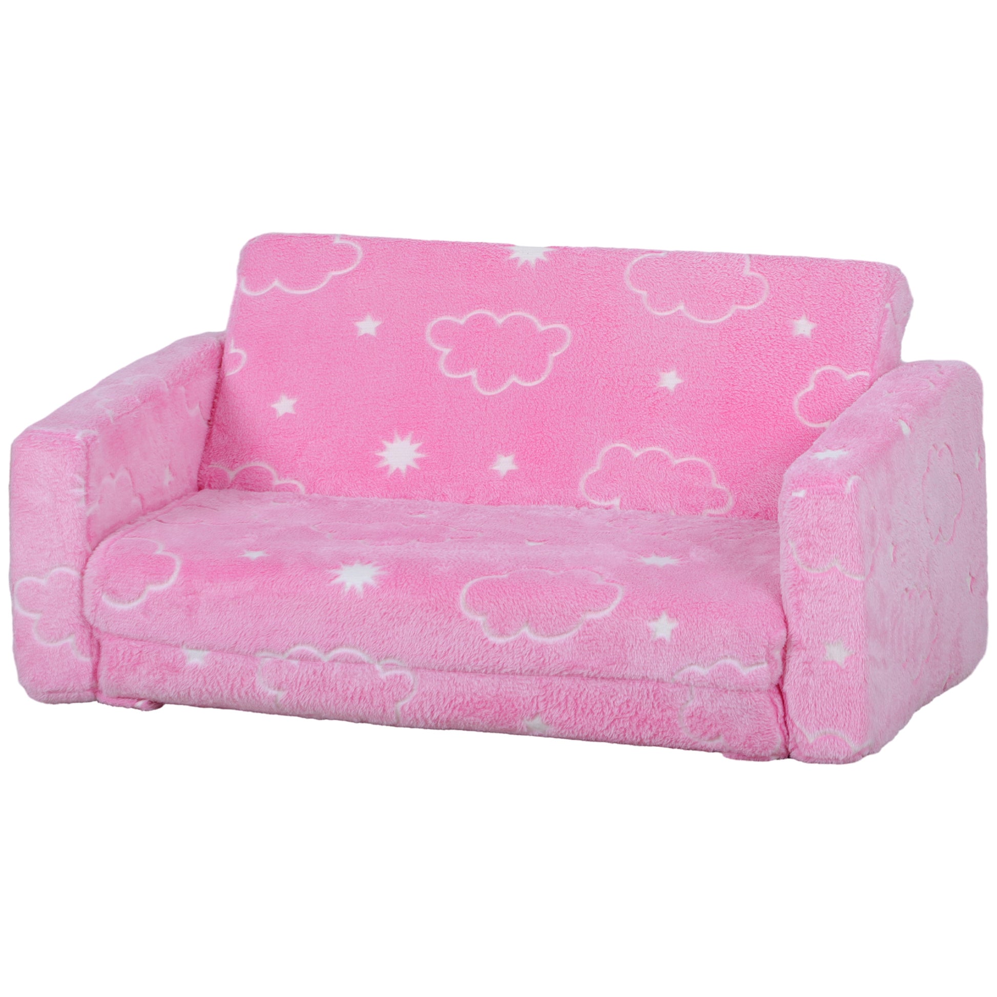 Qaba 2 In 1 Kids Sofa Chair, Toddler Couch With Glow In The Dark Cosmic Patten, Washable Cover, Fold Out Convertible Sofa To Lounger For Playroom Bedroom, Pink Pink Foam